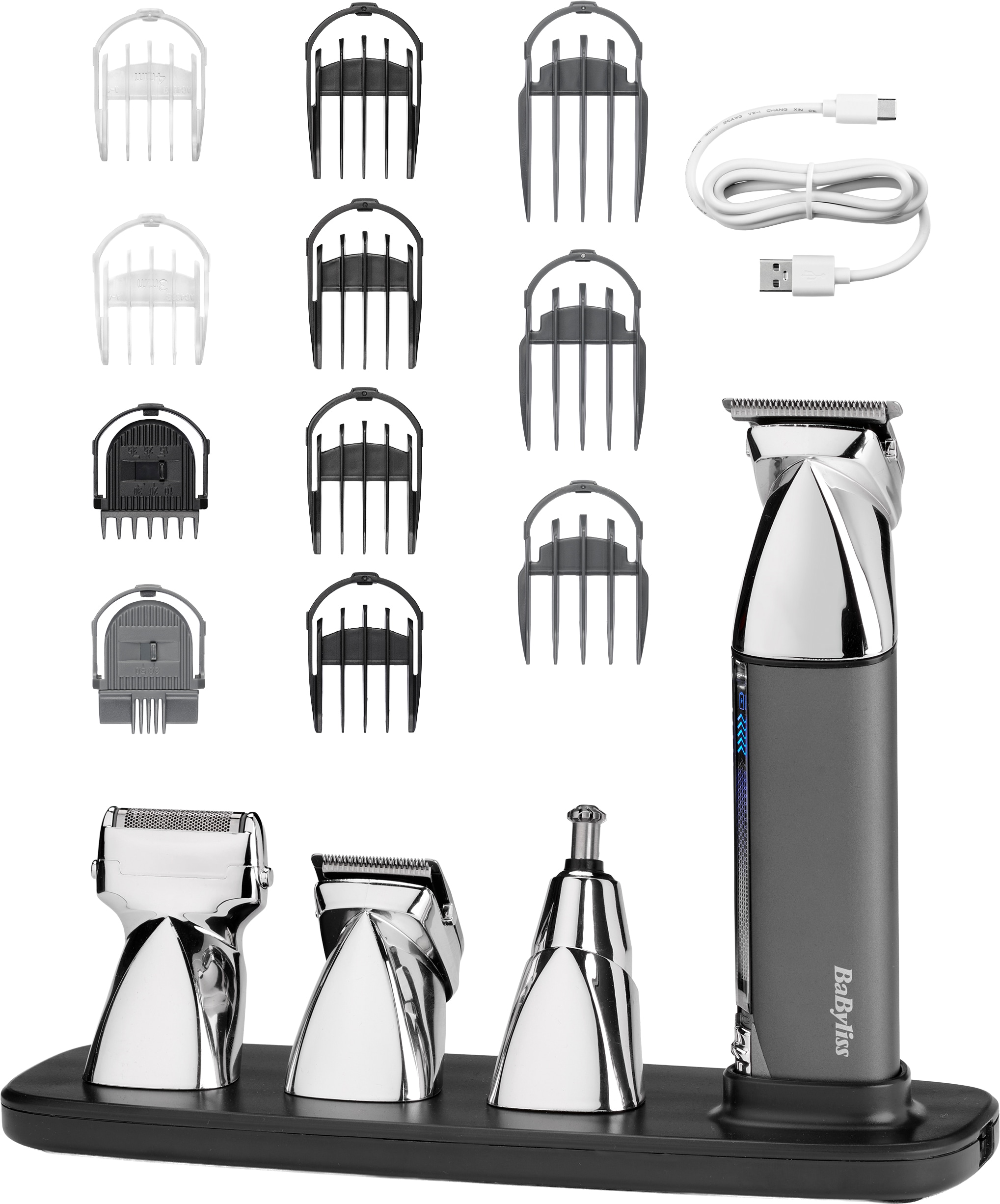 BaByliss Multifunktionstrimmer »BaByliss Super-X Metal 15-in-1 Multitrimmer für Bart & Körper, MT996E« 4 Aufsätze 15 Aufsätze und Kammführungen, USB-Ladestation, kabellos