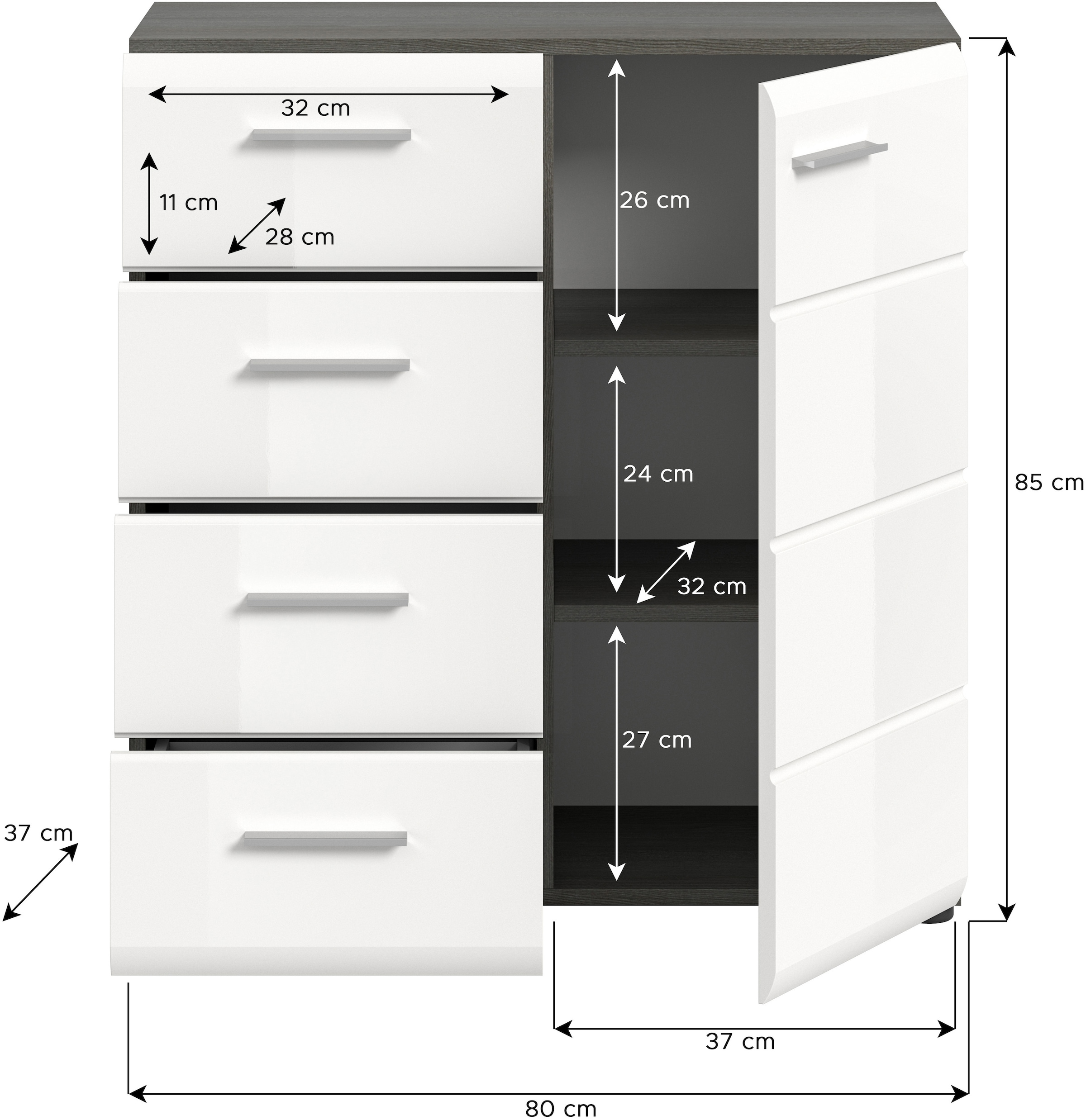 INOSIGN Kommode »Rumba, Breite 75cm, in Rauchsilber Nachbildung/Weiß Hochglanz«, Kommode, Sideboard, Schrank