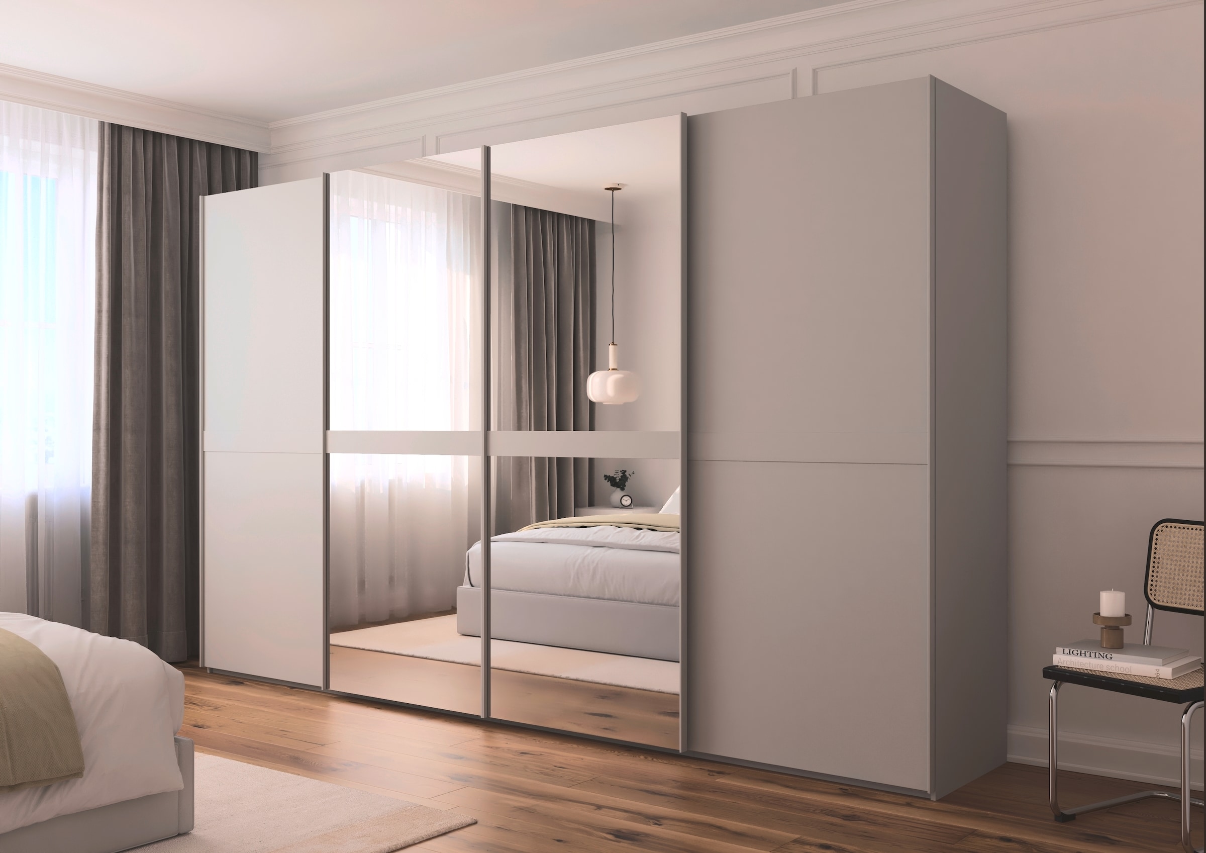 rauch Schwebetürenschrank »Kleiderschrank Schrank Garderobe Schlafzimmerschrank SCALE-LINE«, edle Optik mit Bauchbinde in Korpusfarbe mit Spiegel MADE IN GERMANY