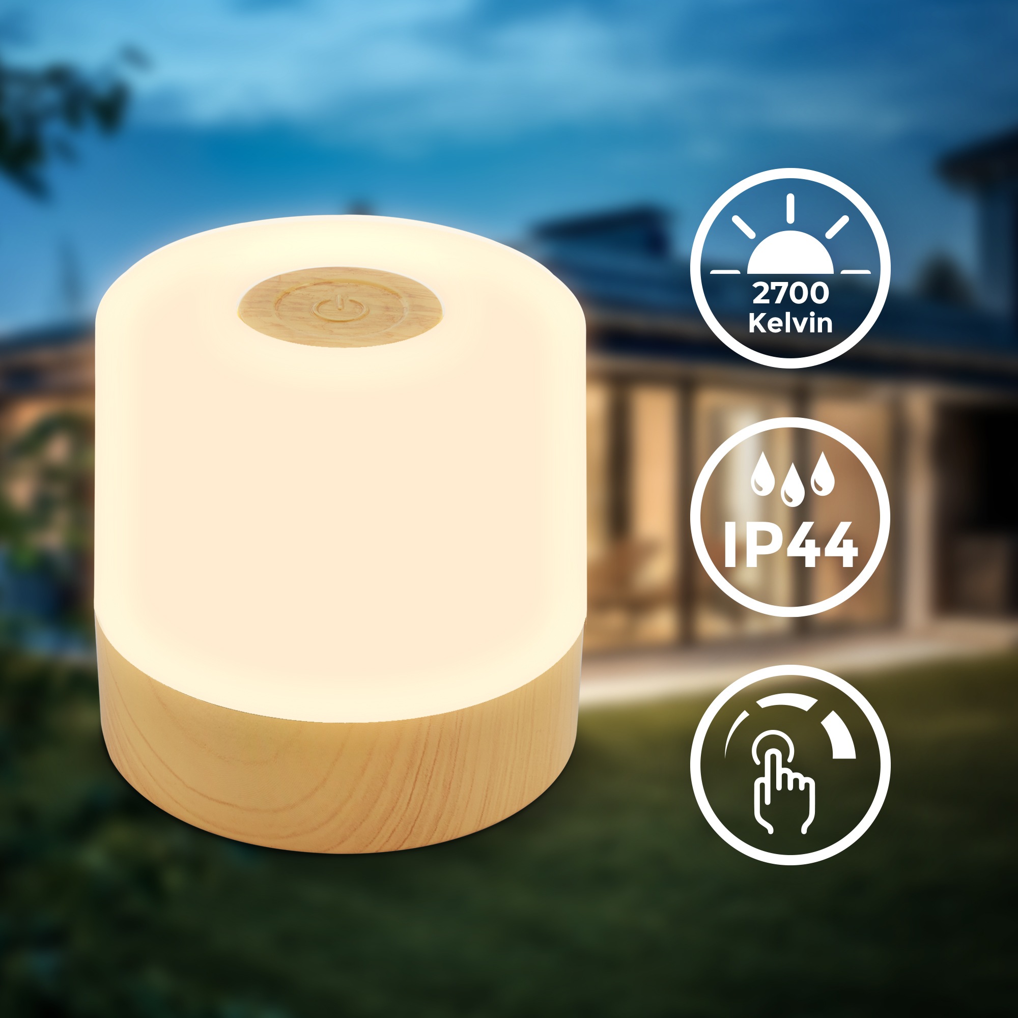 B.K.Licht Außen-Tischleuchte »BK_TL1589 Akku LED Tischlampe, 3-Stufen Touchdimmer, mit USB«, 1 flammig, Leuchtmittel LED-Modul | LED fest integriert, 2.700 K, 150 Lm, 2W, integrierte Batterie, IP44, 7x7 cm, Holzfarben