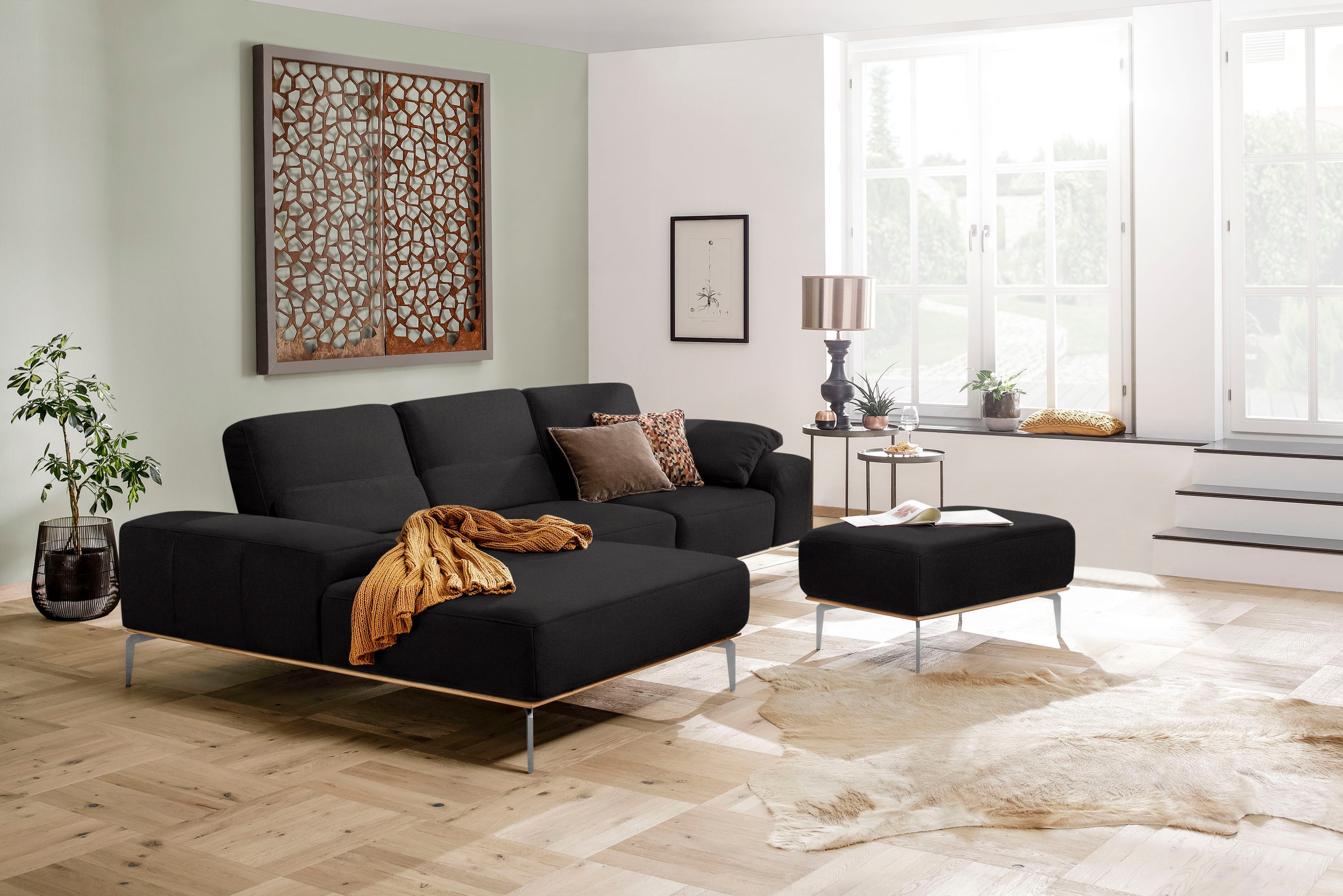 W.SCHILLIG Polsterhocker »run« mit elegantem Holzsockel, Füße in Chrom glänzend, Breite 75 cm