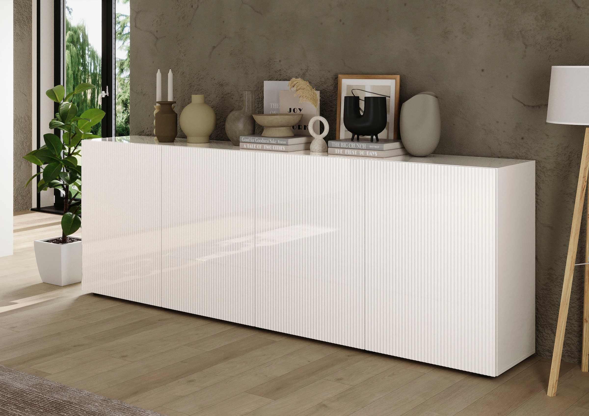 INOSIGN Sideboard »Rio Breite 240 cm, Kommode mit 4 Türen, Anrichte,«, geriffelte MDF-Fronten, modern u. elegant, viel Stauraum