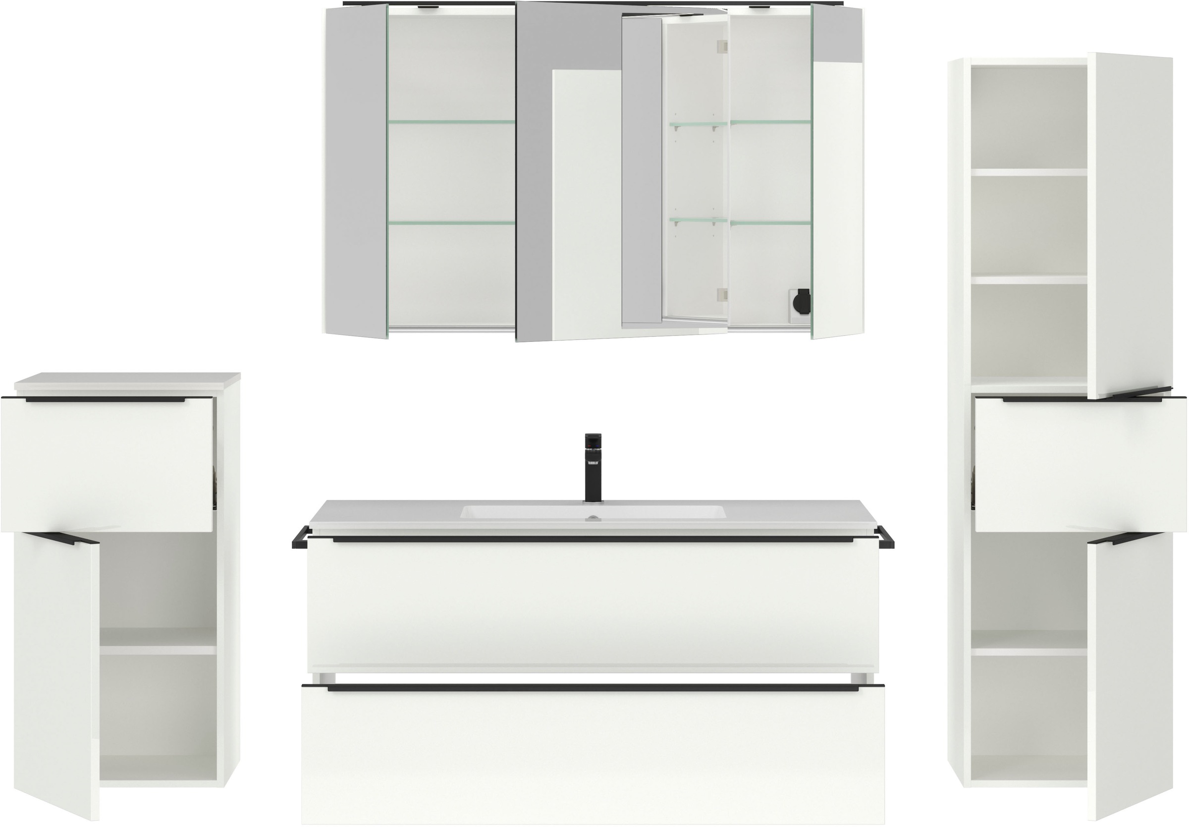 nobilia® Badmöbel-Set »Levere«, (4 St., vormontiert, mit Soft-Close), inkl. Spiegelschrank mit Beleuchtung und Dimmerfunktion, in 4 Breiten