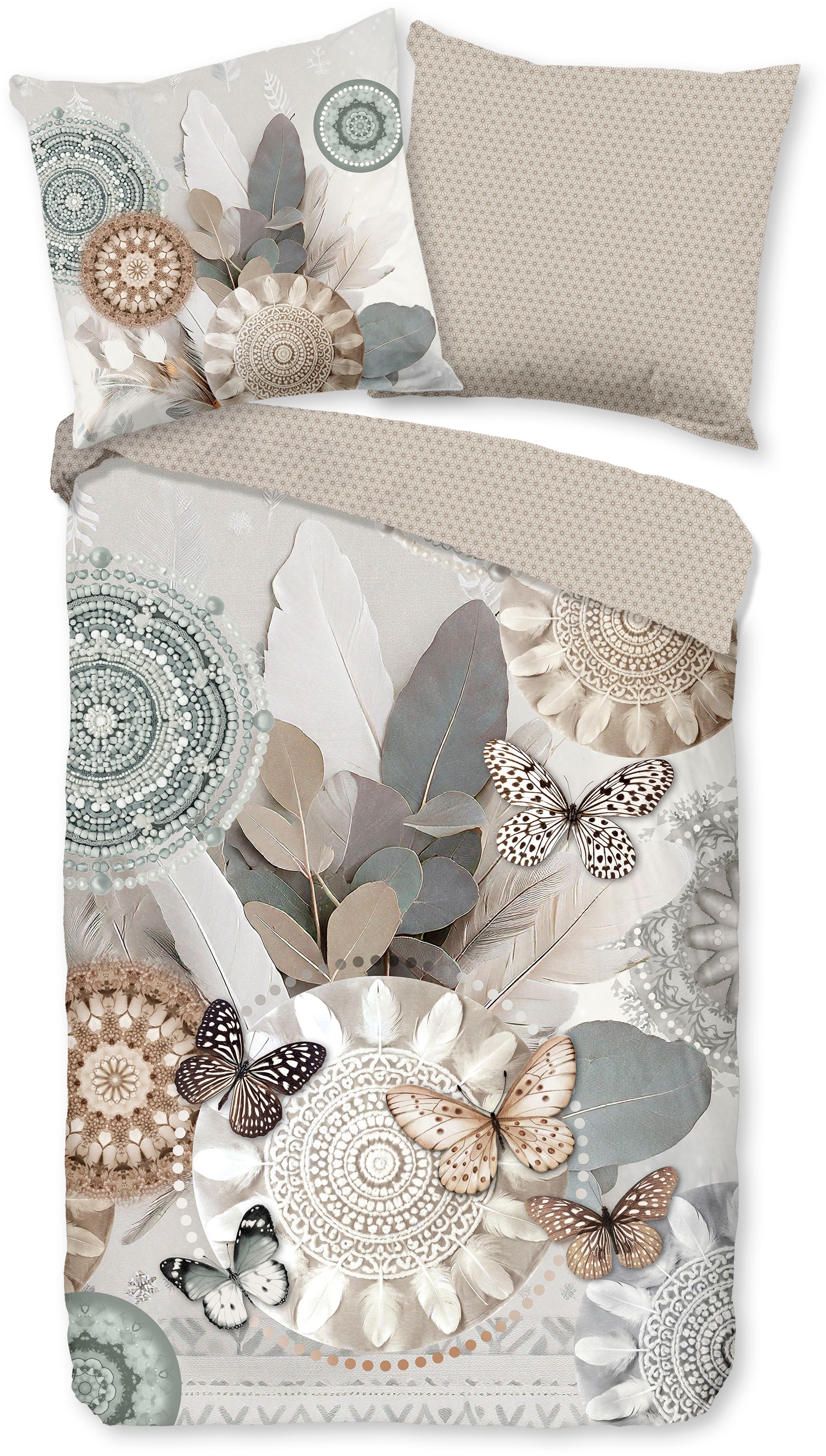 hip Wendebettwäsche »Alrune« 2 Stk. tlg. Satin, Reißverschluss, Wendeoptik, Mandala, Blätter, grau, sand