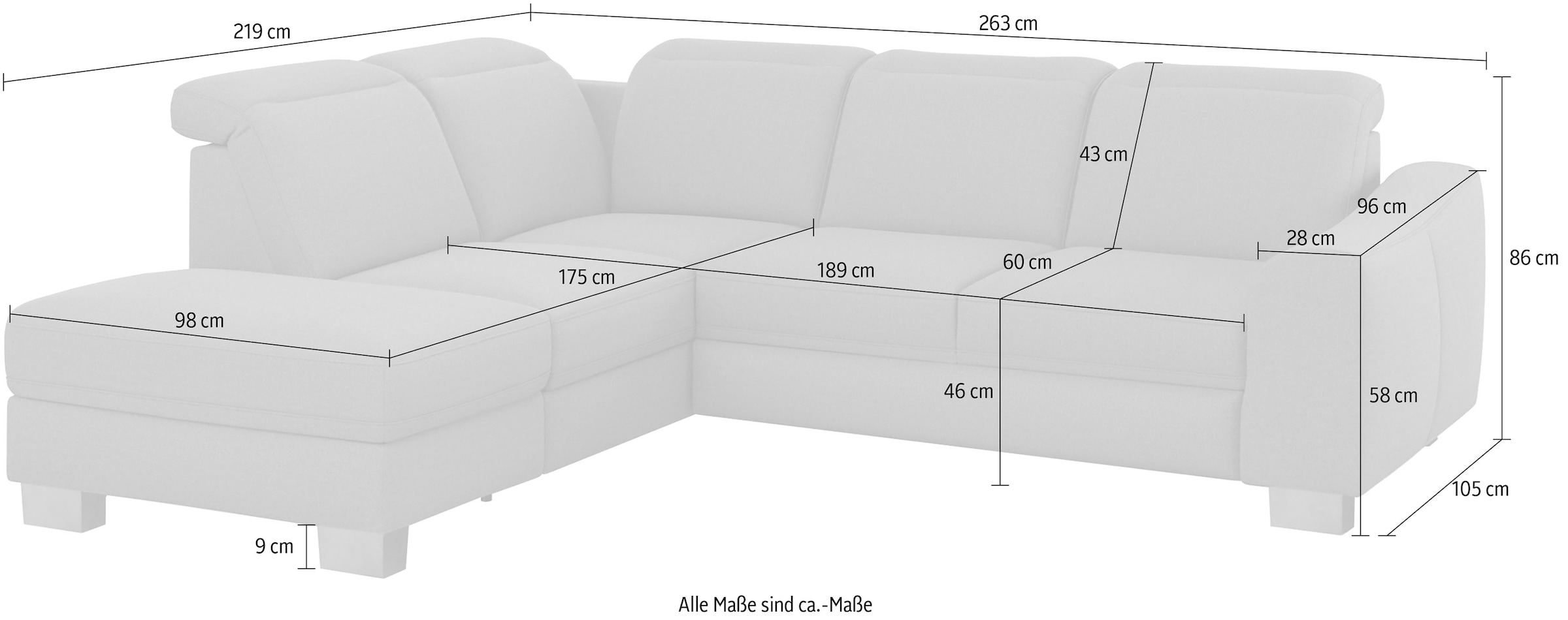 sit&more Ecksofa »Dundee L-Form«, mit Federkern und Edelstahlfüßen, wahlweise mit Kopfteilverstellung