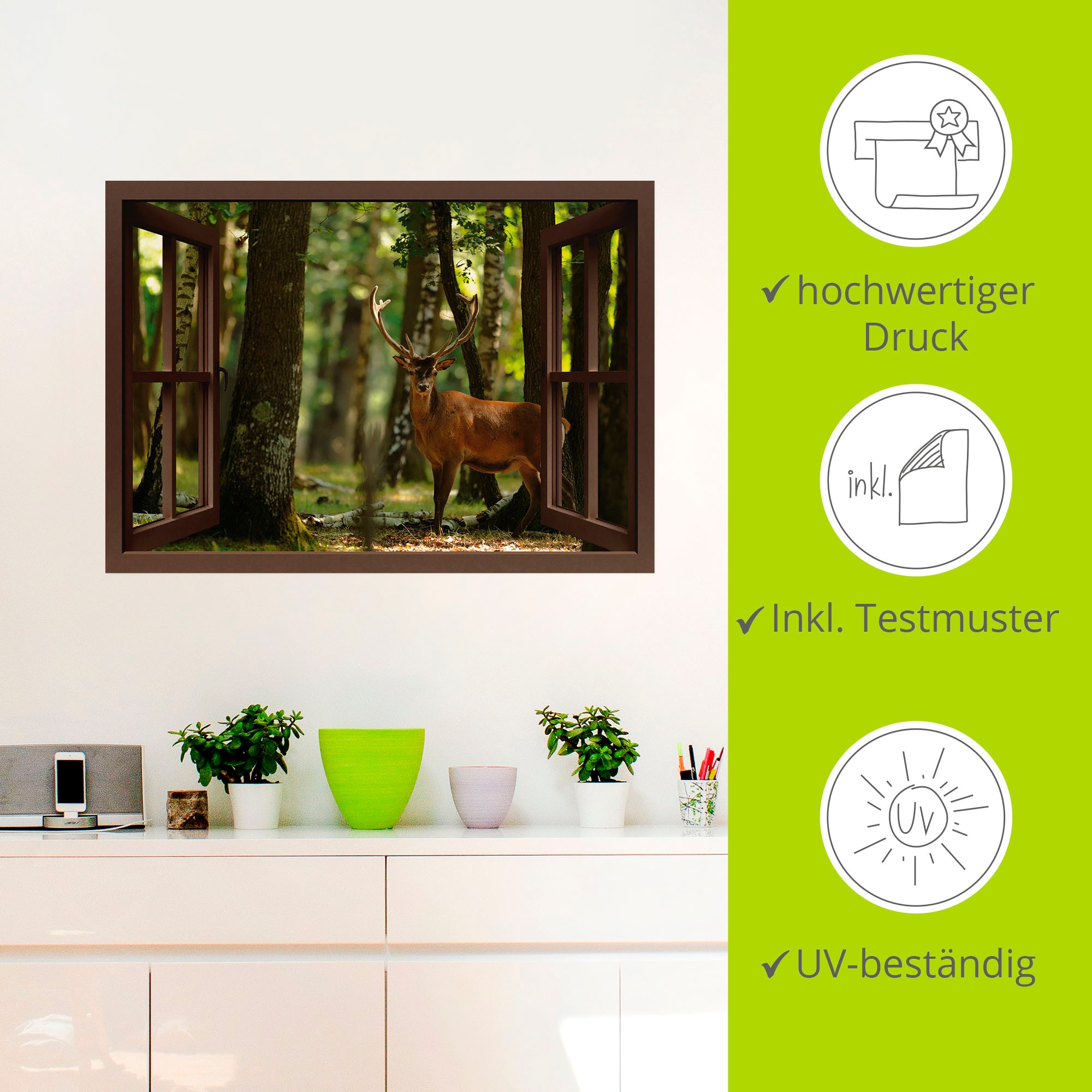 Artland Wandbild »Fensterblick - Hirsch 4 - Wald«, Fensterblick, (1 St.), als Leinwandbild, Wandaufkleber in verschied. Größen