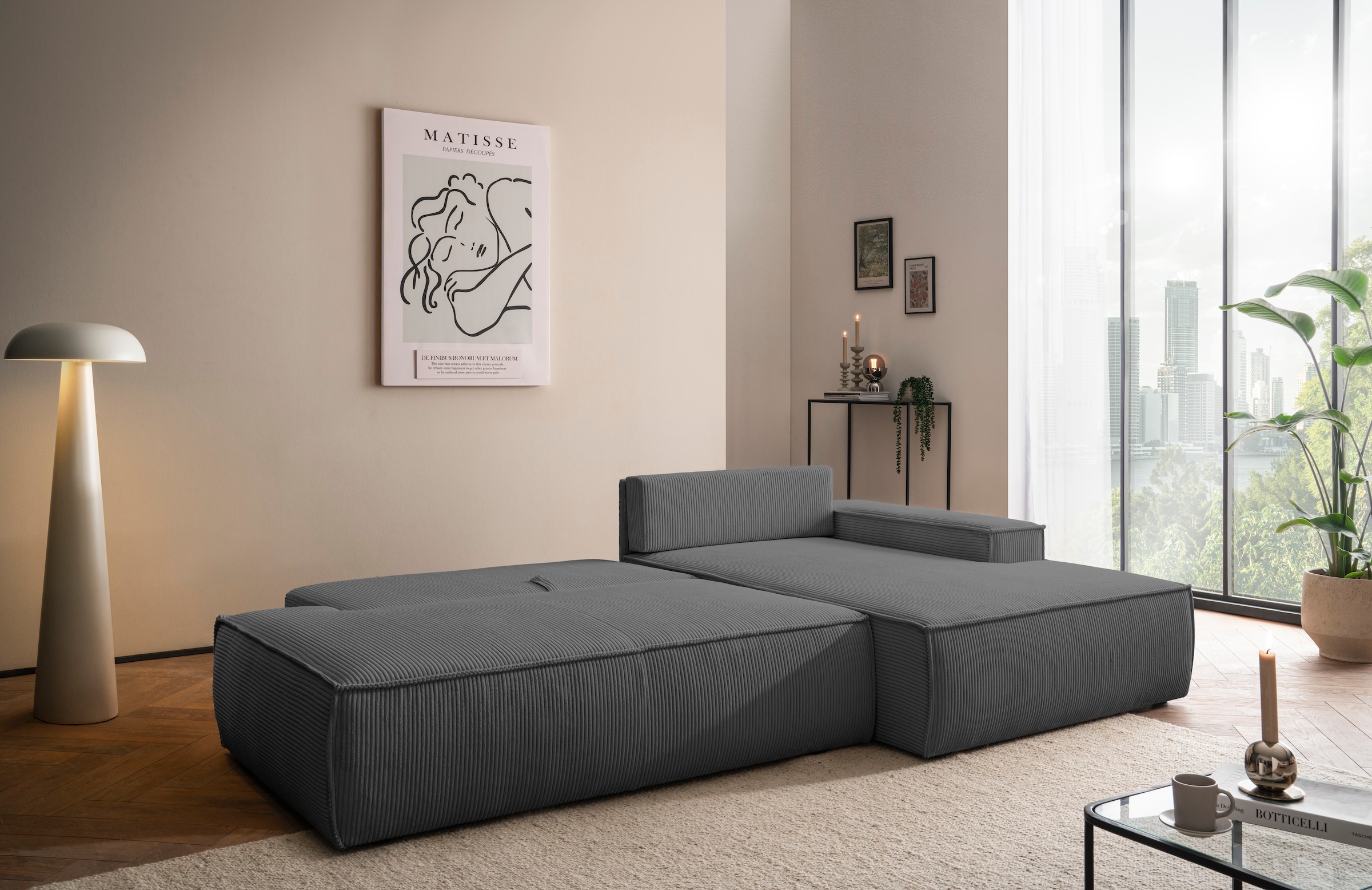 Home affaire Ecksofa »SHERWOOD, Schlafsofa in L-Form offen (275cm), Cord, Leinenoptik«, Schlaffunktion und Bettkasten, Kedernaht, hoher Sitz- & Liegekomfort