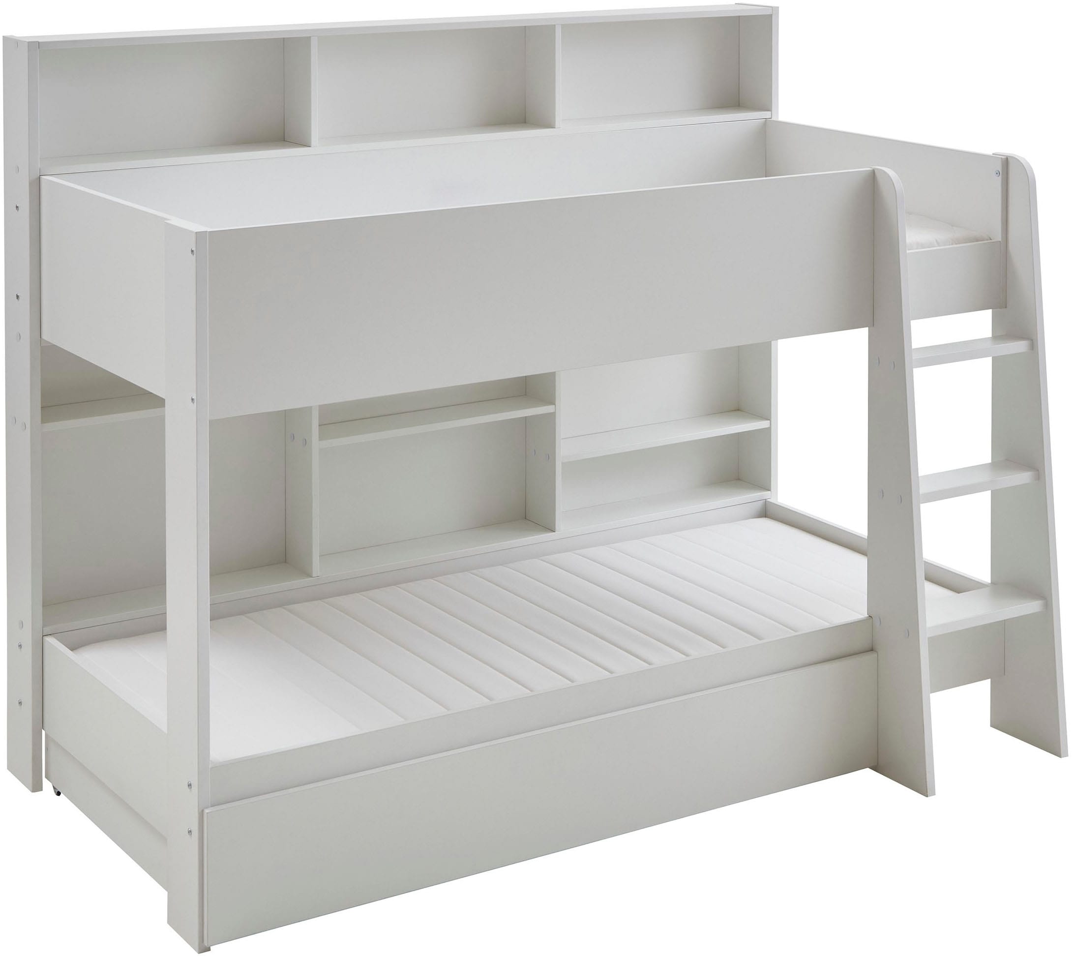 Relita Etagenbett »Sely, viel Funktion auf kleinem Raum, 2 Liegeflächen, modernes Design« viele Regalfächer an der Bettrückseite, inkl. Schublade auf Rollen,  viel Stauraum, pflegeleichte Melamin Oberfläche, 3 Farben zur Wahl