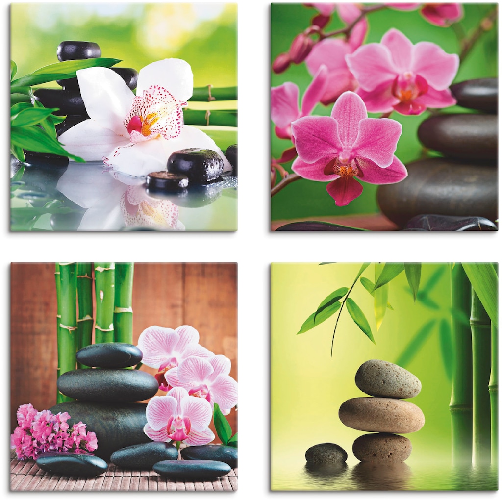 Artland Leinwandbild »Spa Bambus Zweige Zen Steine«, Zen, (4 St.), 4er Set, verschiedene Größen