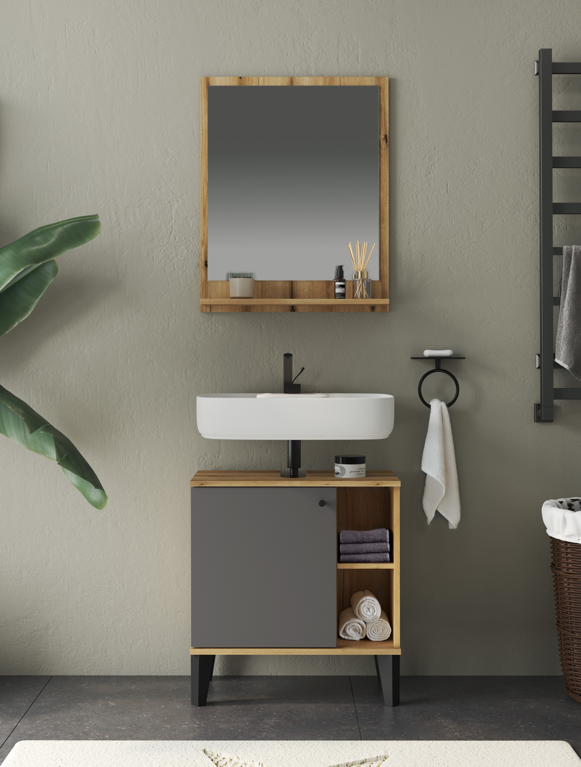 INOSIGN Badmöbel-Set »OSLO, Bad im skandinavischen Design«, (Set, 1 St.), Badschränke und Spiegel, in zwei Farben verfügbar, viel Stauraum