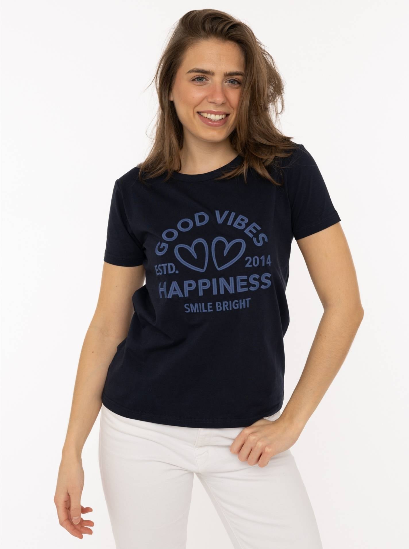 Zwillingsherz T-Shirt »"Happiness Vibes"« ton in ton Stickerei, kurzarm, Rundhals