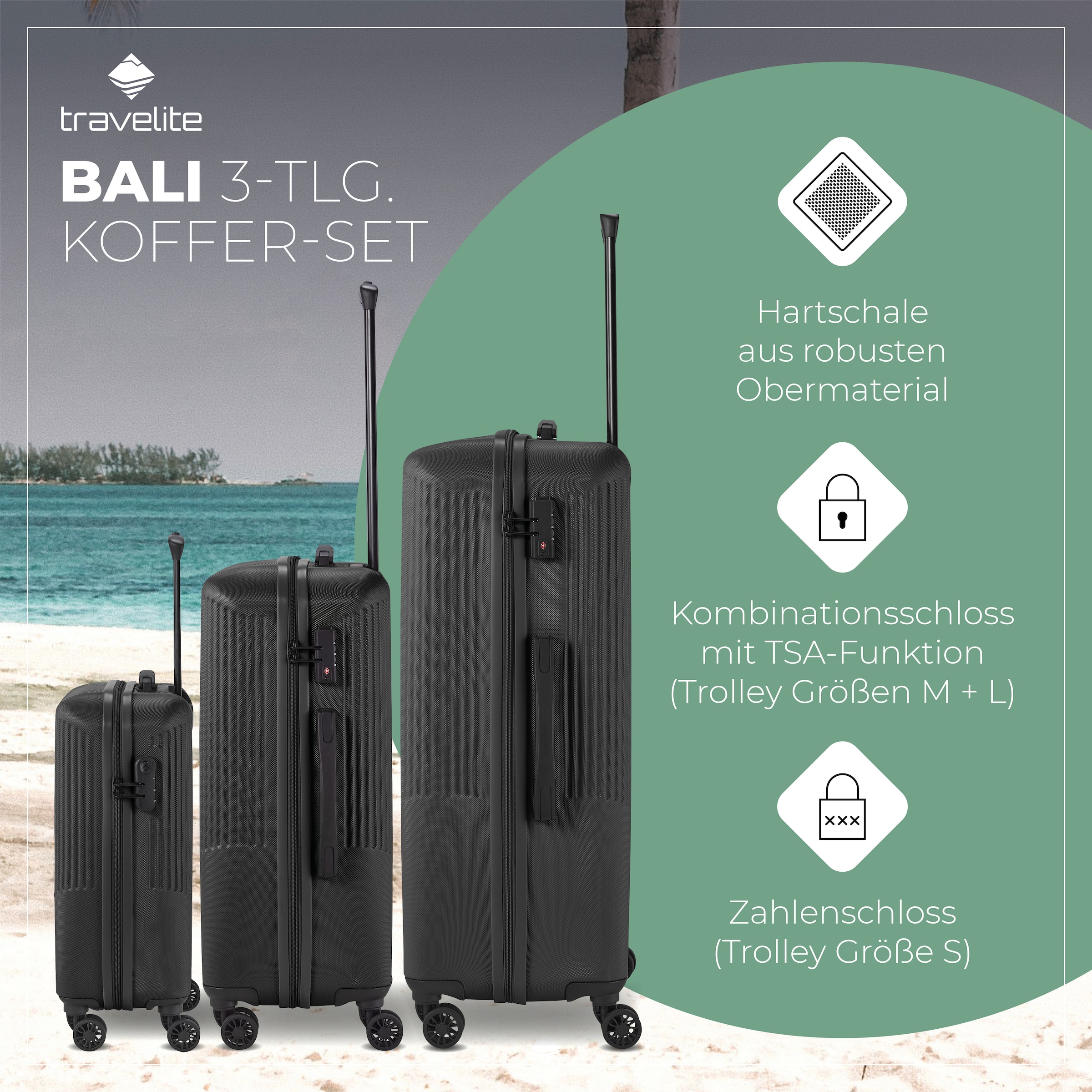 travelite Trolleyset »BALI 4w L/M/S«, (Set, 3 tlg., Hartschalen Trolley Set), Kofferset Reisegepäck Reisekoffer Hartschallenkoffer TSA Schloss