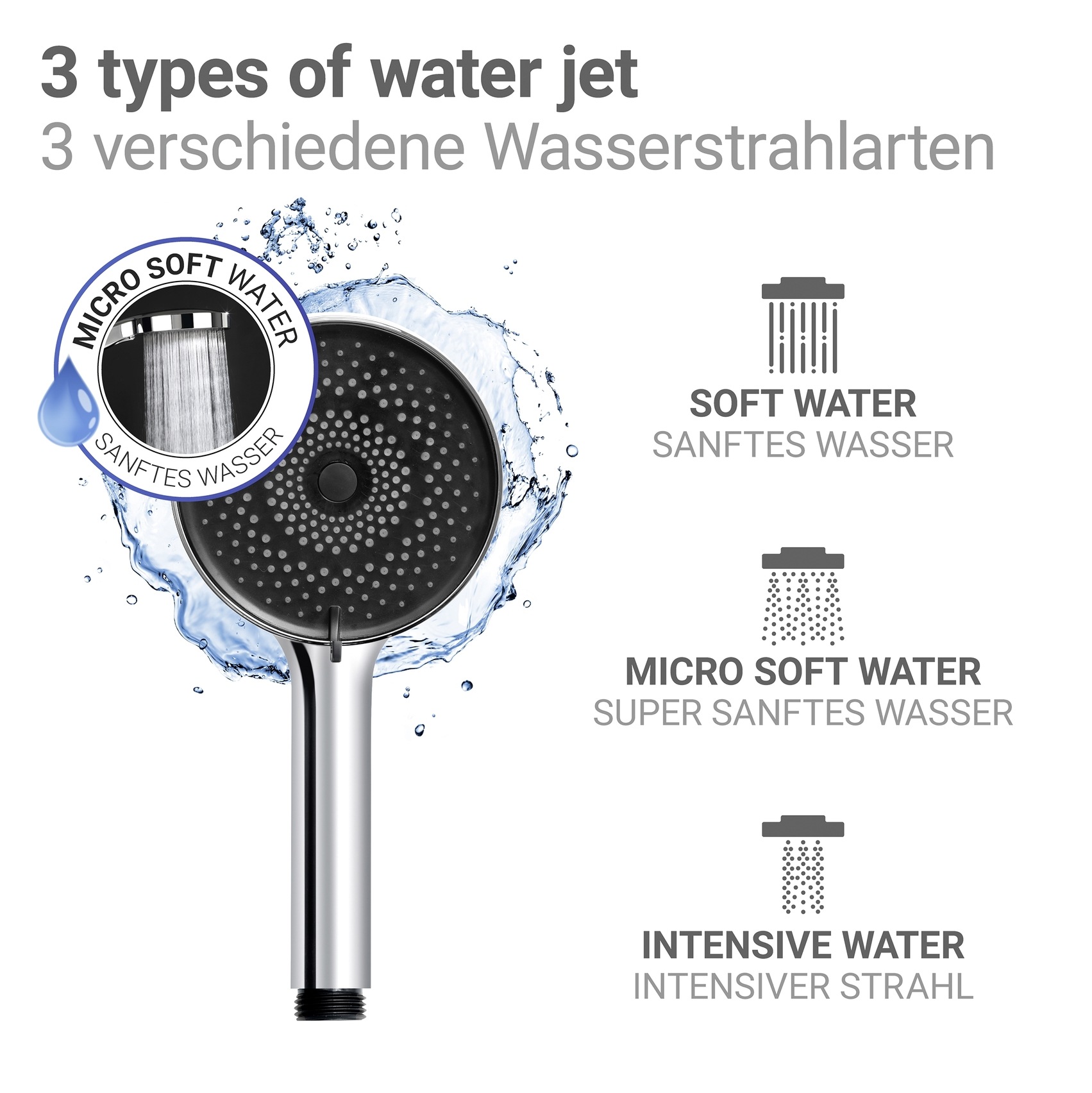 WENKO Brausehalter »Softwater« Set,  Duschstange mit Duschkopf, 3 Strahlarten, Ø 12 cm, mikrofeine Düsen
