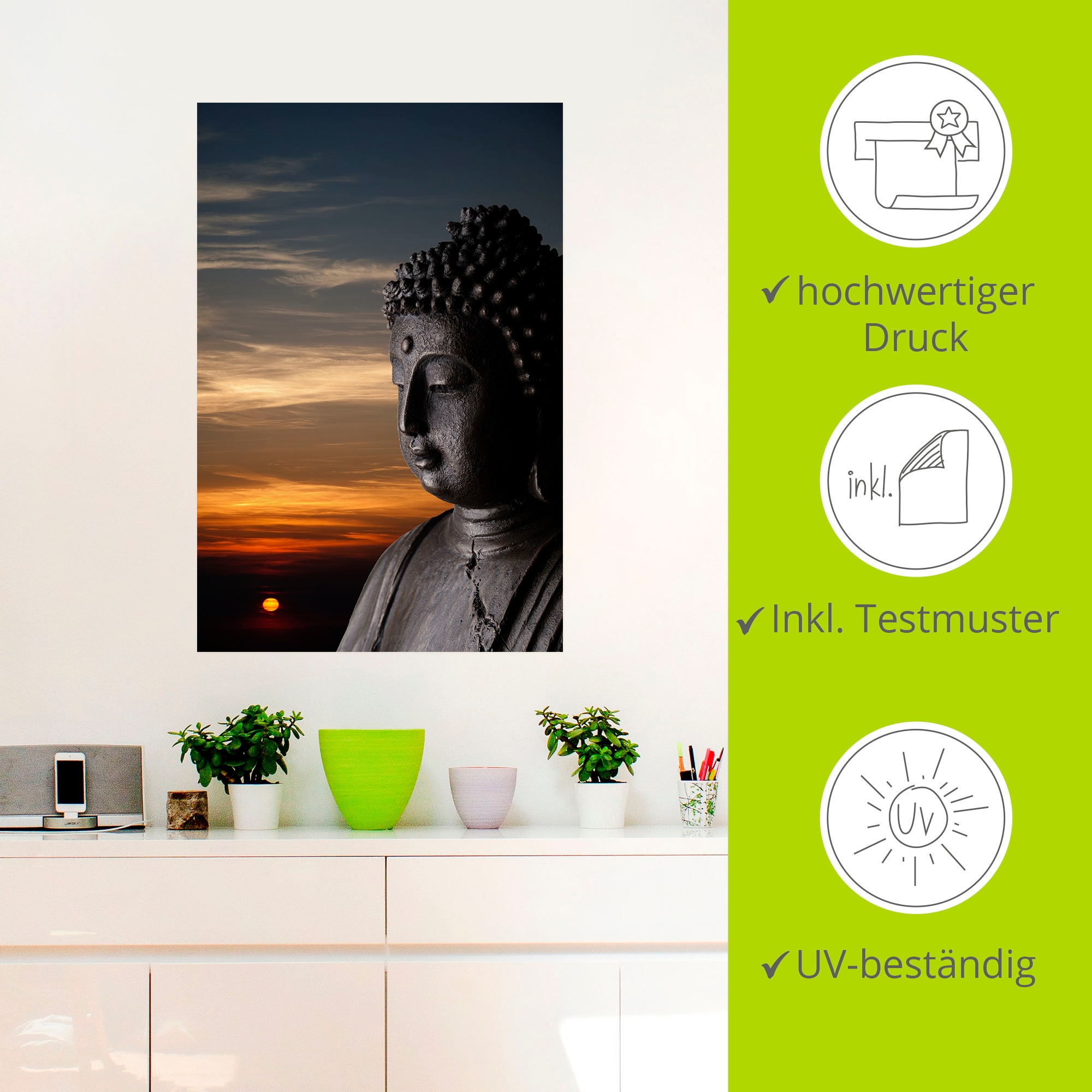 Artland Wandbild »Buddha Statue vor Sonnenuntergang«, Buddhismus, (1 St.), als Alubild, Leinwandbild, Wandaufkleber oder Poster in versch. Größen