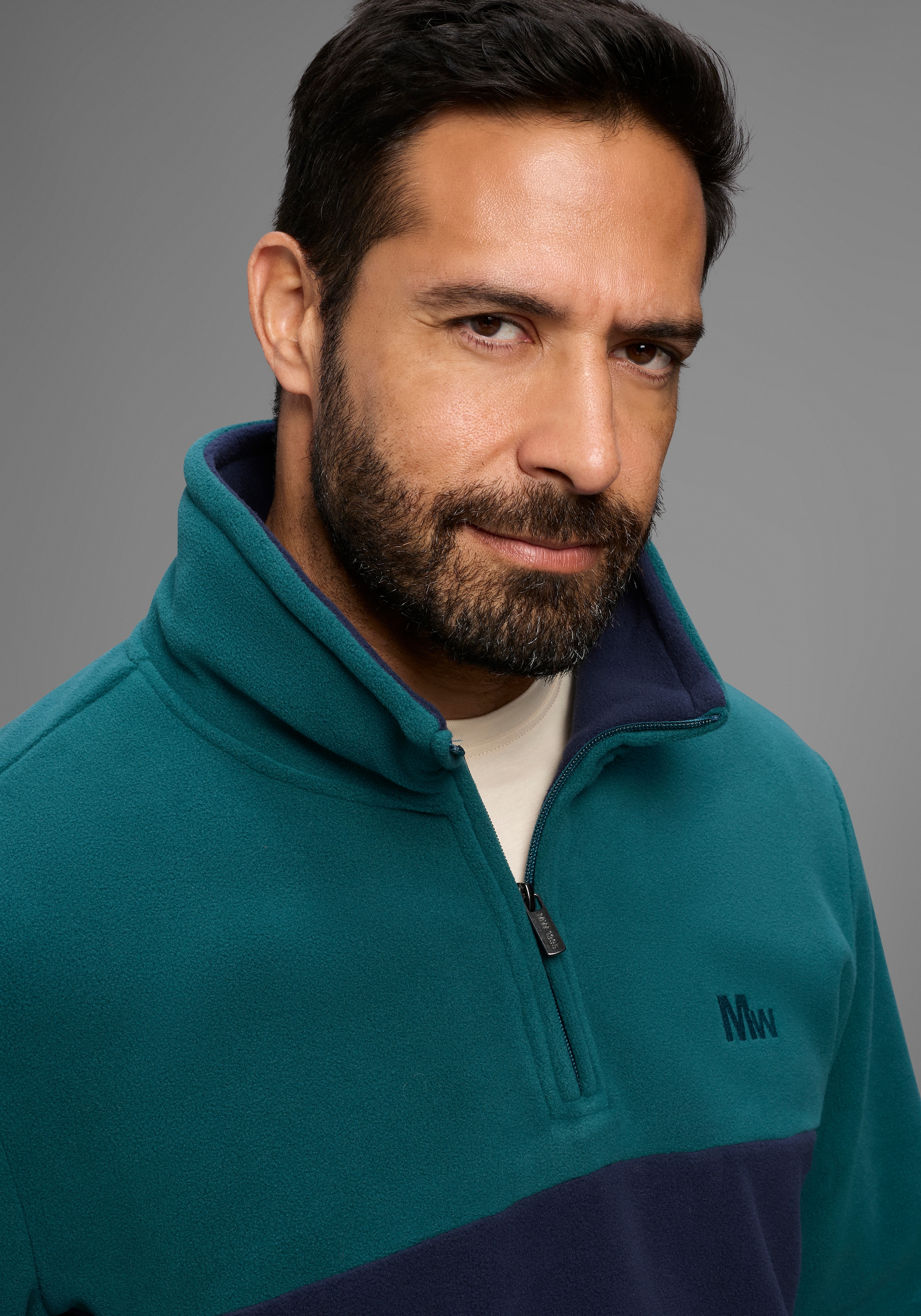 Man's World Fleecepullover, Troyer mit Kontrast-Part, ideal für den Übergang