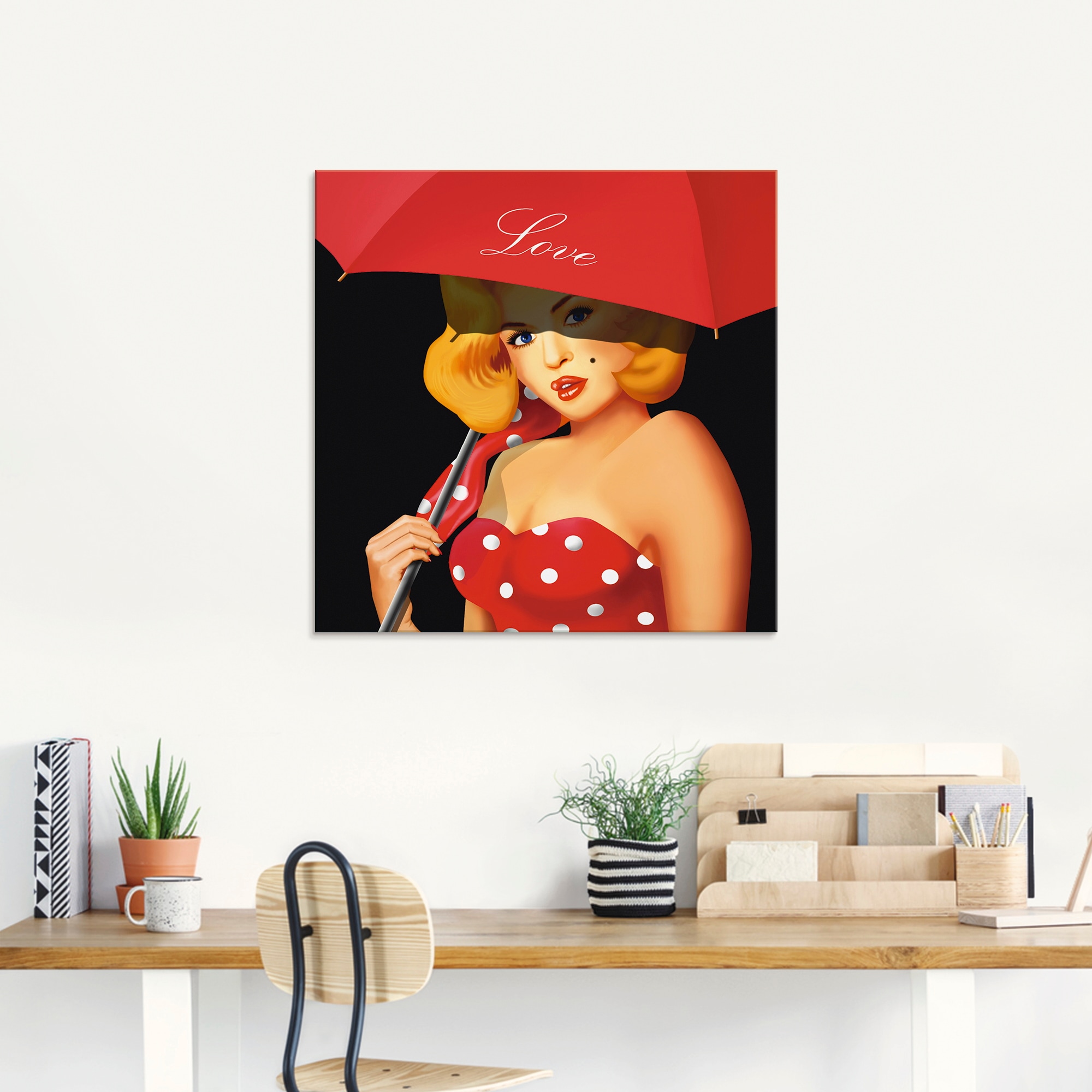 Artland Glasbild »Pin-Up Girl unter rotem Regenschirm«, Frau, (1 St.), in verschiedenen Größen