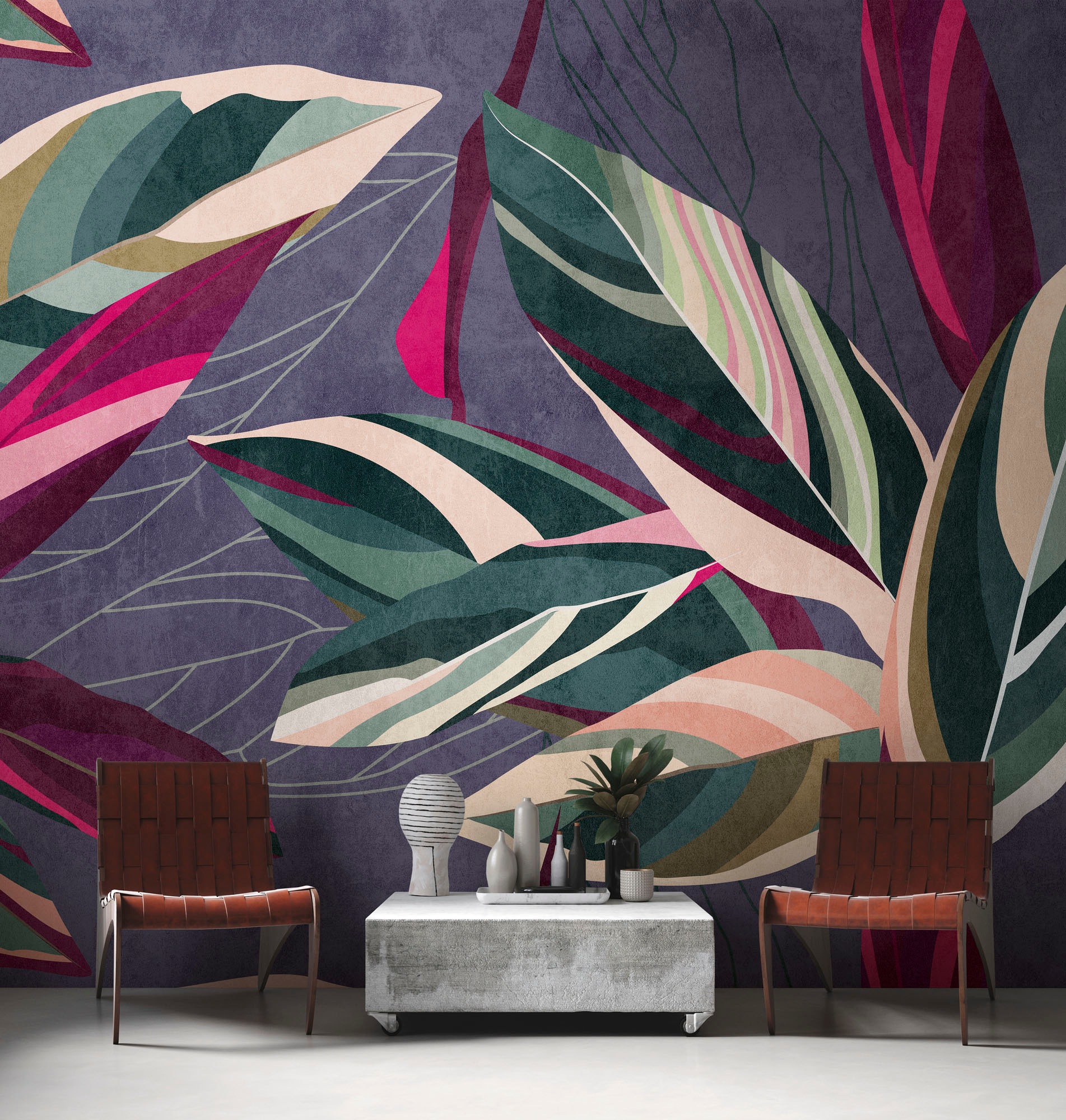 living walls Fototapete »The Wall«, botanisch-natürlich-floral, Fototapete Blätter Tapete Dschungel Pink Tapeten Wohnzimmer Design