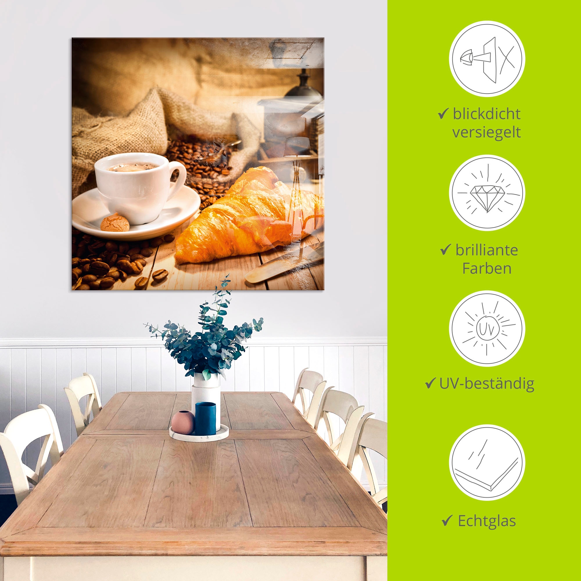 Artland Glasbild »Kaffeetasse mit Croissant«, Getränke, (1 St.), in verschiedenen Größen