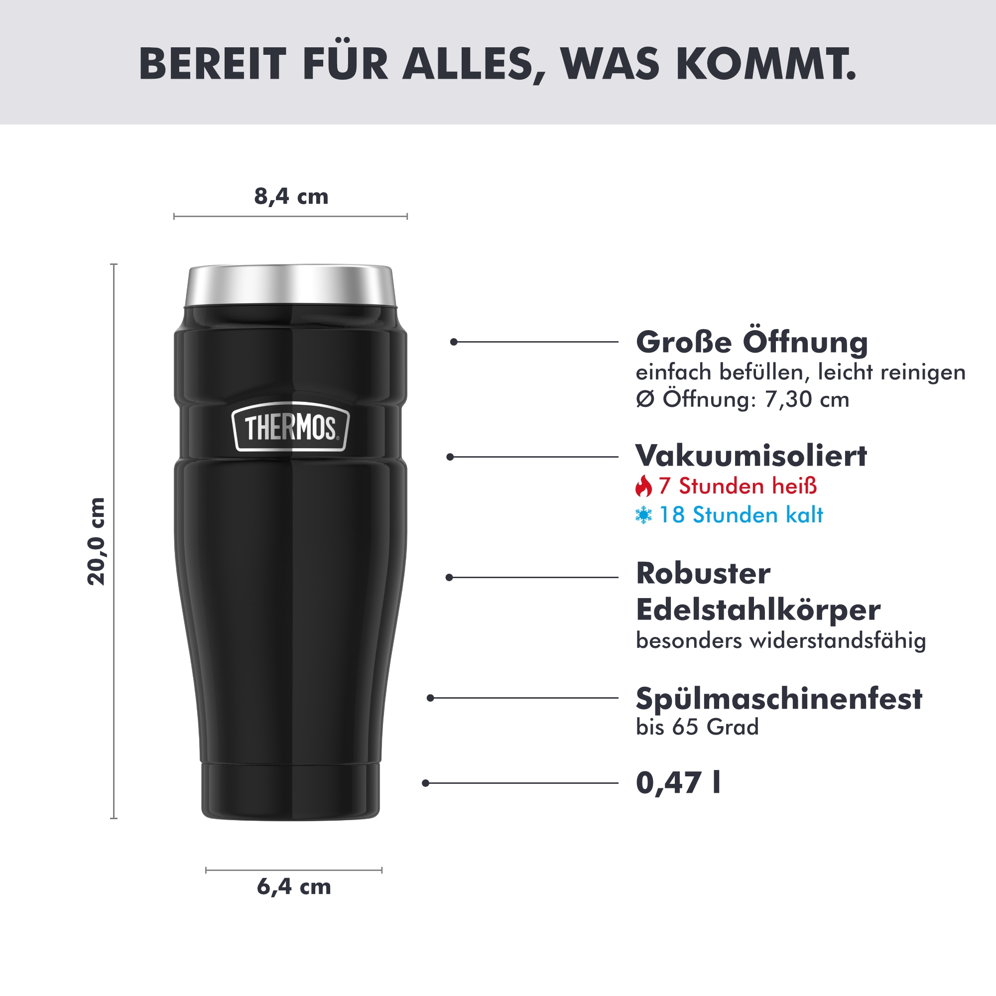 THERMOS Thermobecher »STAINLESS KING MUG, doppelwandiger Edelstahl, spülmaschinenfest« 0,47l, 7h heiß & 18h kalt, absolut dicht, DrinkLock – Verschlusssystem