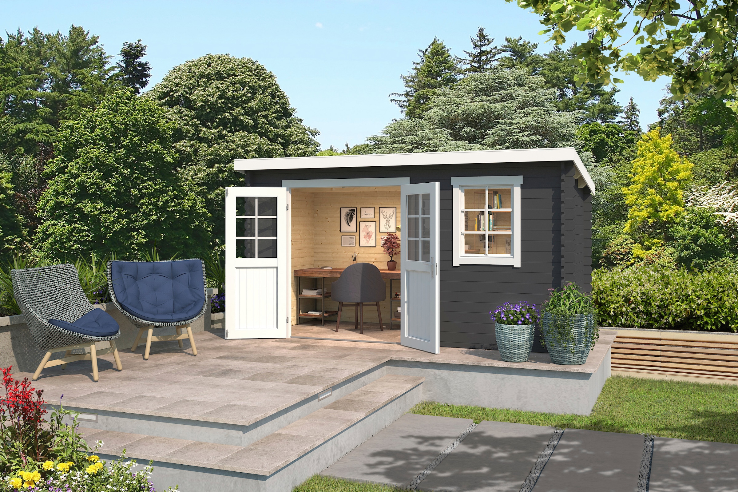 LASITA MAJA Gartenhaus »Amira 175«, Blochbohlenhaus 28mm, Fundamentmass 3800x1750, Carbongrau