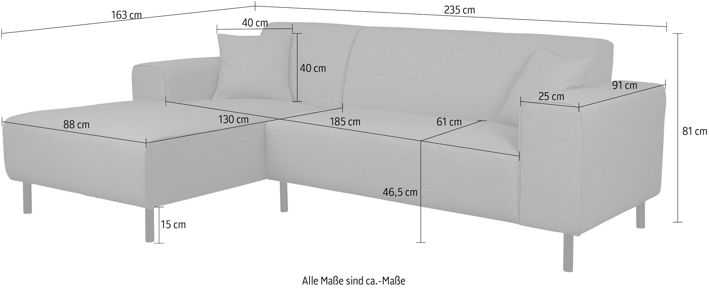 Home affaire Ecksofa »ARROS L-Form mit Wellenunterfederung, Maße B/T/H: 235/163/81 cm«, incl. Zierkissen, mit Recamiere rechts/links bestellbar, auch in Cord