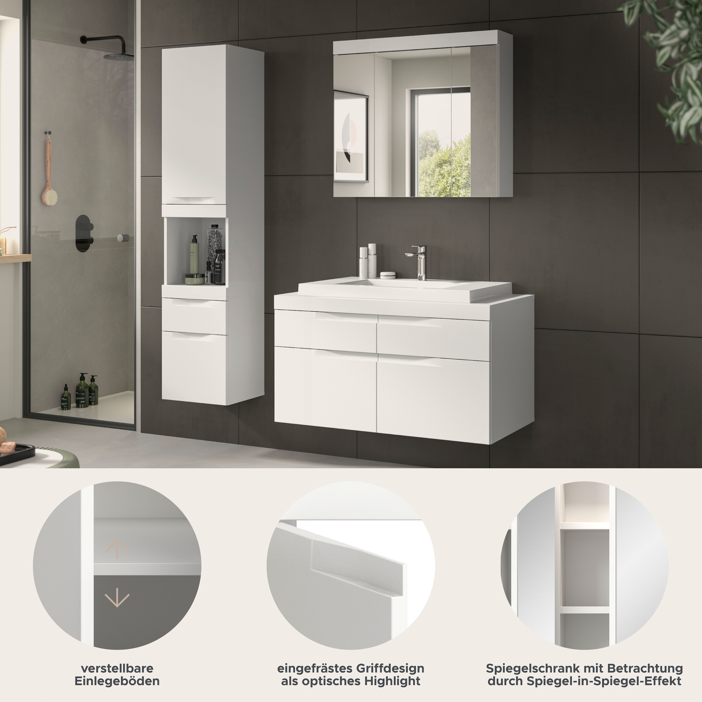 OTTO home Badmöbel-Set »MAOI, 3-tlg. Badkombi, hochwertige MDF Front, optional mit Beleuchtung«