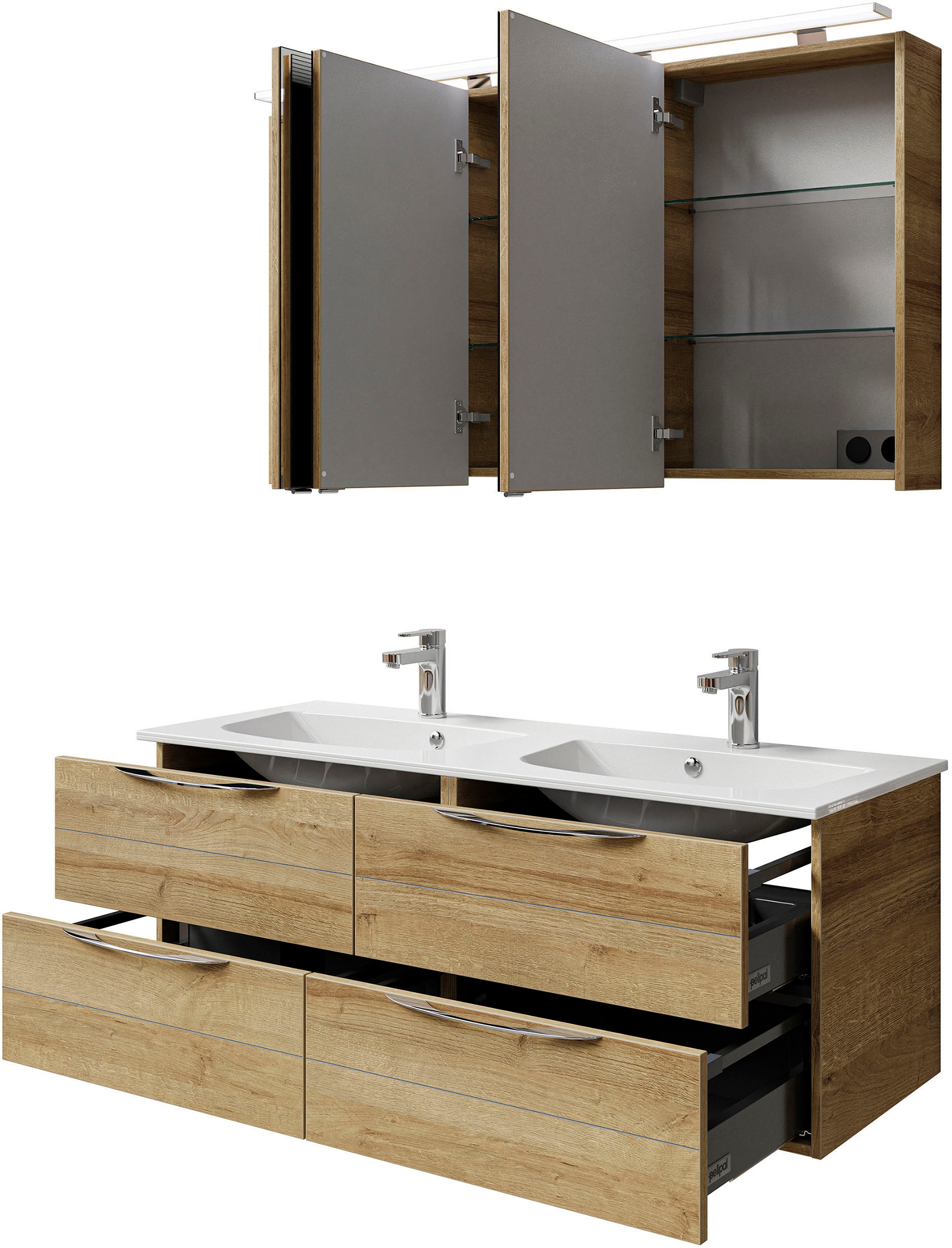 Saphir Badmöbel-Set »Serie 6025 2-teilig Mineralmarmor-Waschtisch mit LED-Spiegelschrank«, (2 St.), Waschplatz 132cm breit, 4 Schubladen, 2 Spiegel-Türen, inkl Türdämpfer