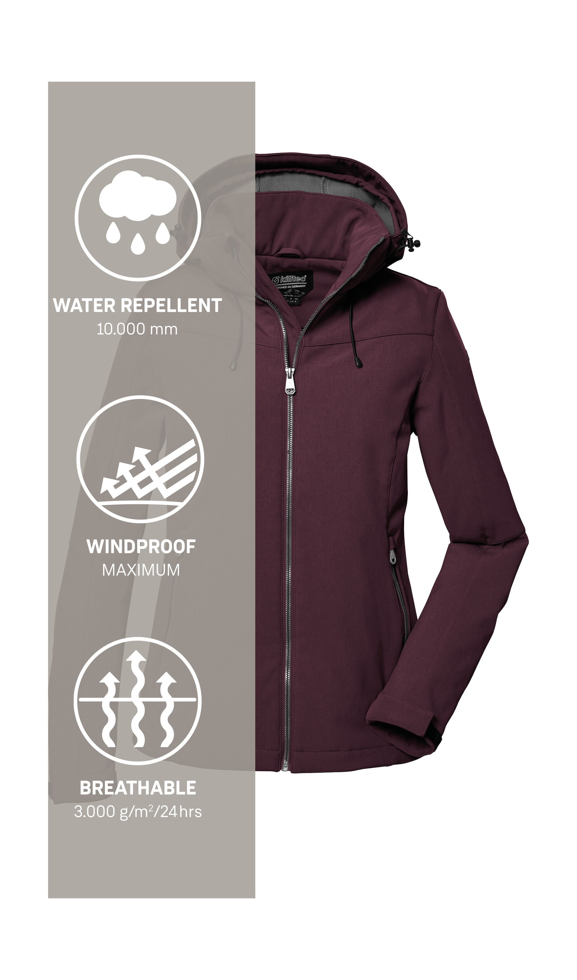 Killtec Softshelljacke »Damen Softshelljacke«, Wasserabweisende, winddichte Softshelljacke mit abnehmbarer Kapuze