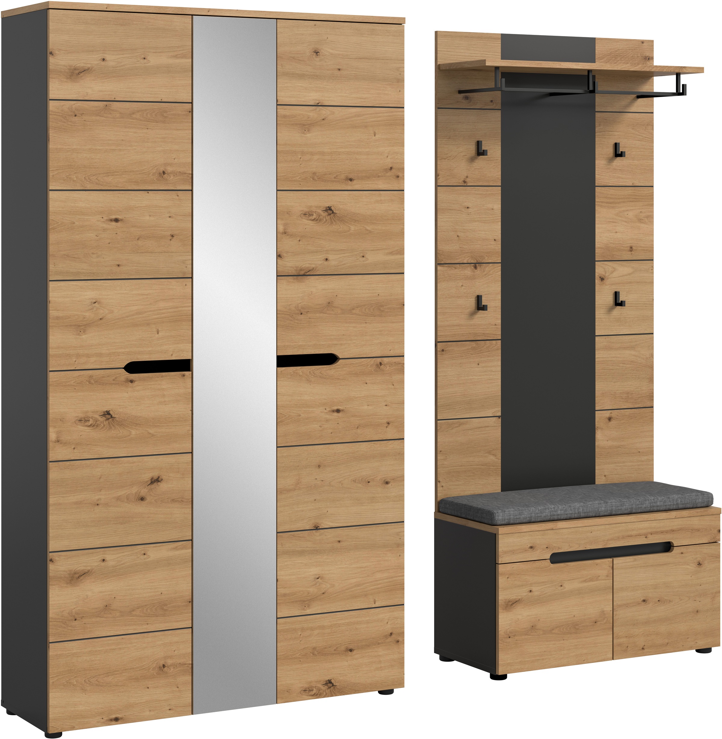Home affaire Garderoben-Set »REHAT, TOPSELLER!, 4-teilig, Breite 200 cm, individuell stellbar« Set, best. aus: Garderobenschrank, Sitzbank, Sitzkissen & Garderobenpaneel, 4 Stk. tlg.
