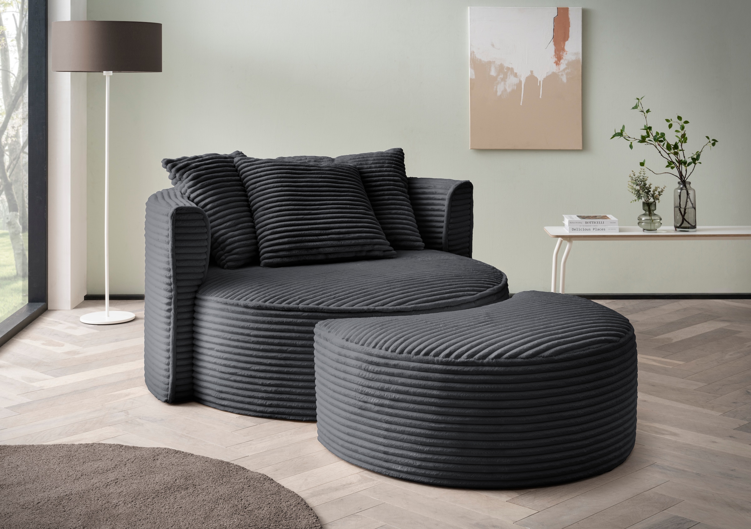 LeGer Home by Lena Gercke XXL-Sessel »Isalie, Rundsessel mit Hocker, Lesesessel, Loveseat, Big-Sessel«, (Set), trendige Stoffe, mit 3 Zierkissen, große Sitzfläche