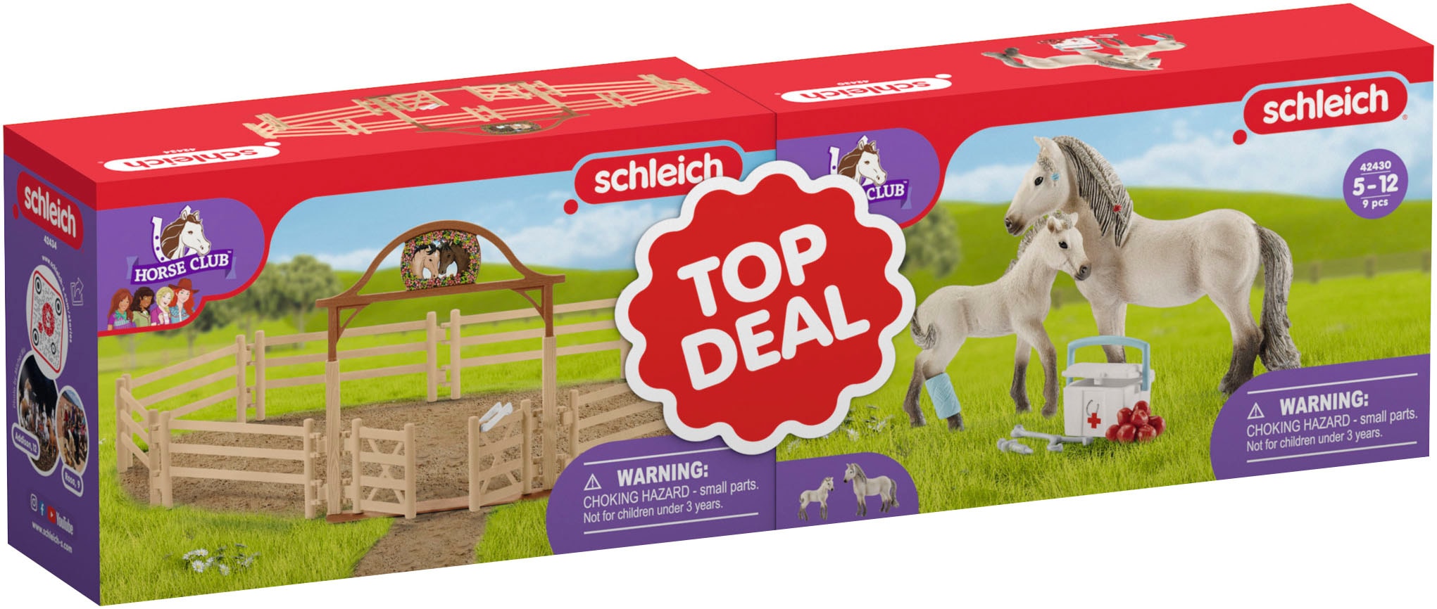 Schleich® Spielwelt »HORSE CLUB Set: Pferdekoppel mit Eingangstor & Hannahs Erste-Hilfe-Set«, (72242) bestehend aus (42430 + 42434)