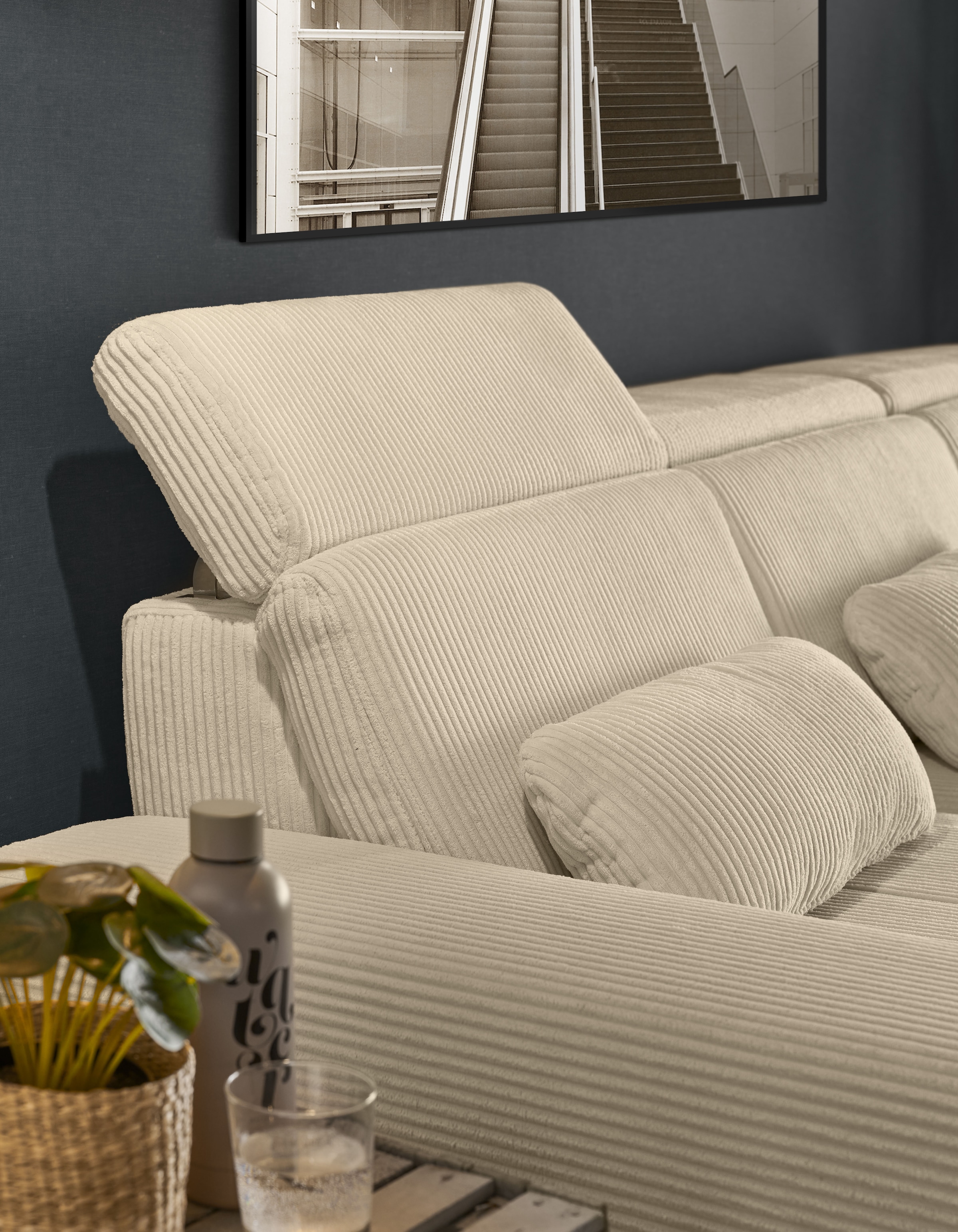 set one by Musterring Ecksofa »SO 3400 Sitzhöhe 47cm oder 49cm, Sitztiefe verstellbar, B/T: 307/195cm«, Kopteil verstellbar, mit Bettfunktion, in Cord, natur, Sitzhöhe 47
