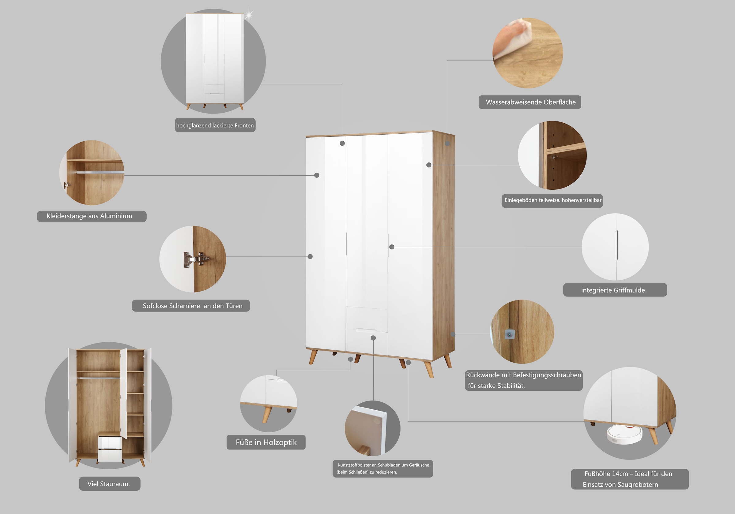 andas Kleiderschrank »Lund Schlafzimmerschrank Bestseller im skandinavischem Design«, Garderobenschrank mit Premium Innenausstattung, Breite 120cm