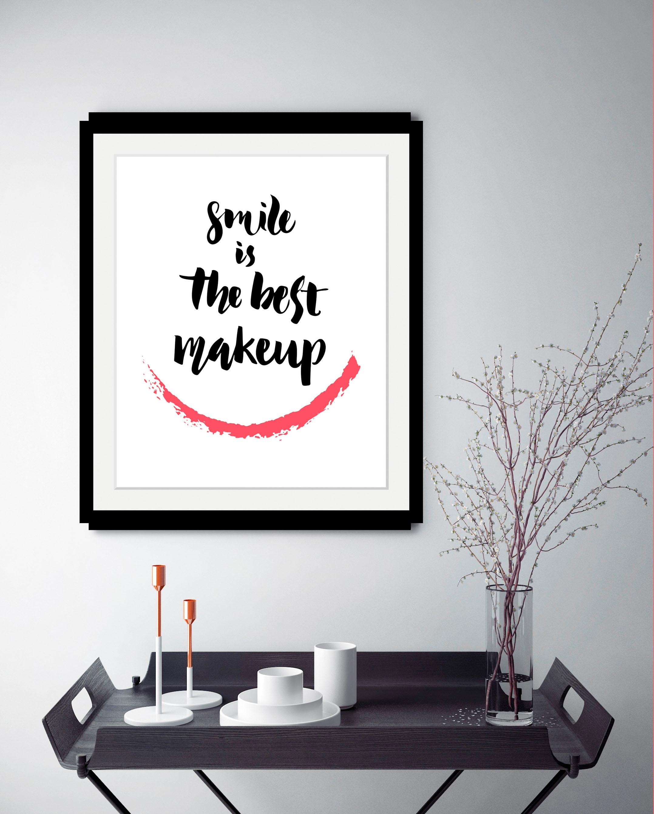 queence Bild »Smile« Motivationsbilder | Schriftzug | Schwarz-Weiß HD Premium Poster-Druck inkl. Holzrahmen