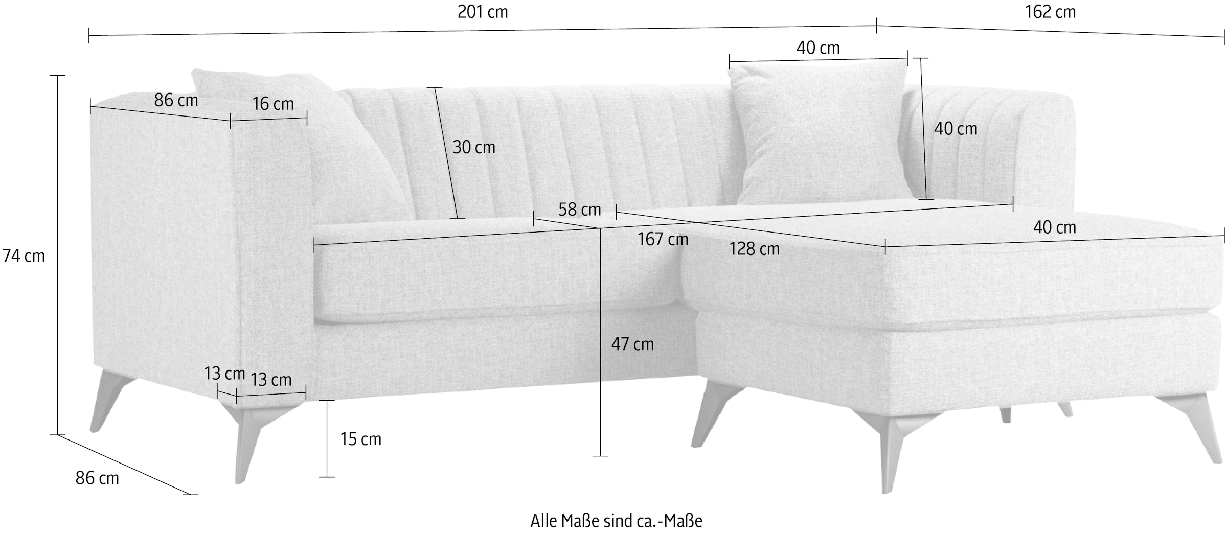 Places of Style Ecksofa »MATTHEW L-Form ideal für kleine Räume, Maße B/T/H: 201/162/74 cm«, elegantes Designsofa, feine Steppung im Rücken, incl. Zierkissen