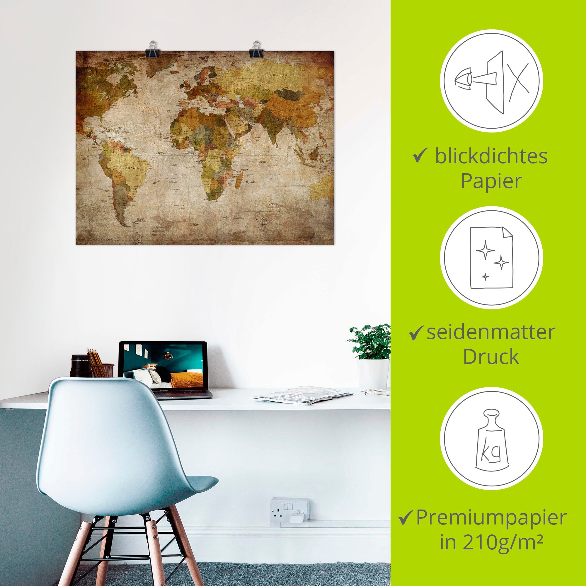 Artland Wandbild »Weltkarte«, Landkarten, (1 St.), als Alubild, Outdoorbild, Leinwandbild, Poster, Wandaufkleber