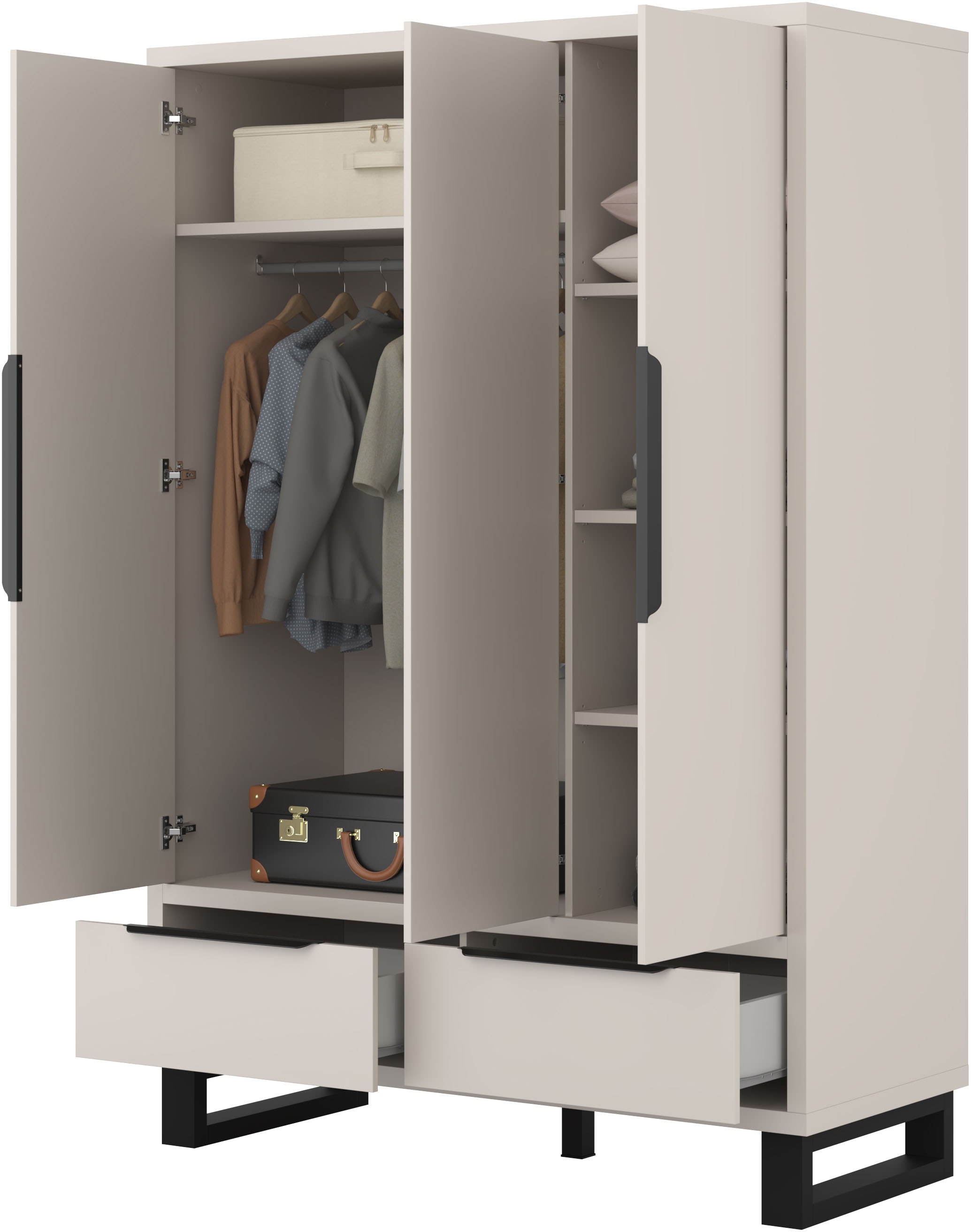 Home affaire Drehtürenschrank »Bronne,Breite 145 cm, Kleiderschrank inclusive Innenausstattung« Kleiderschrank, 2 Schubkästen, Metallgriffe, Garderobe