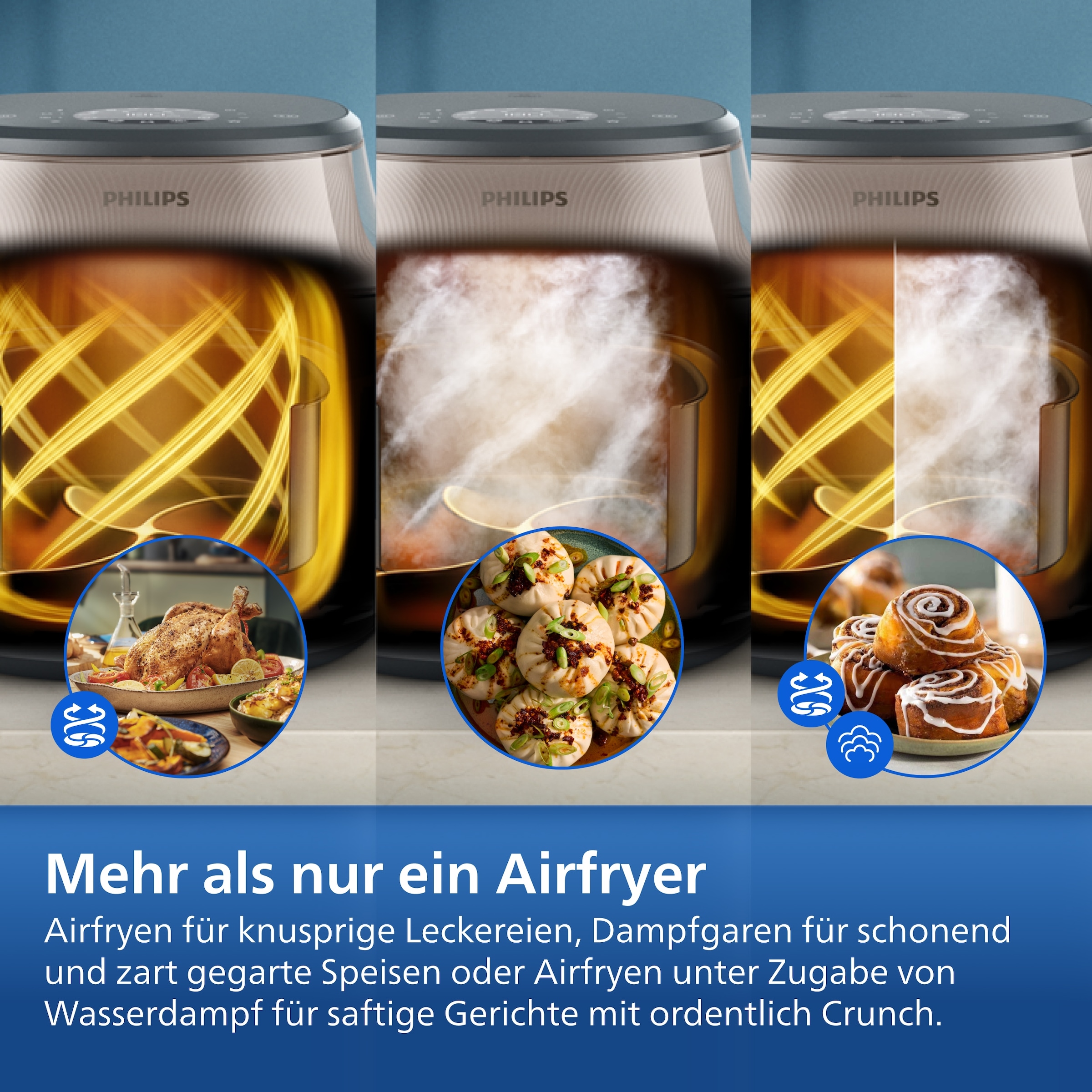 Philips Heißluftfritteuse »NA547/07 Steam Airfryer 5000 Series mit EasySlide, 7,2L Kapazität« 2000 W mit Dampfgarfunktion u. RapidAir Plus Technologie; Schwarz/Gold