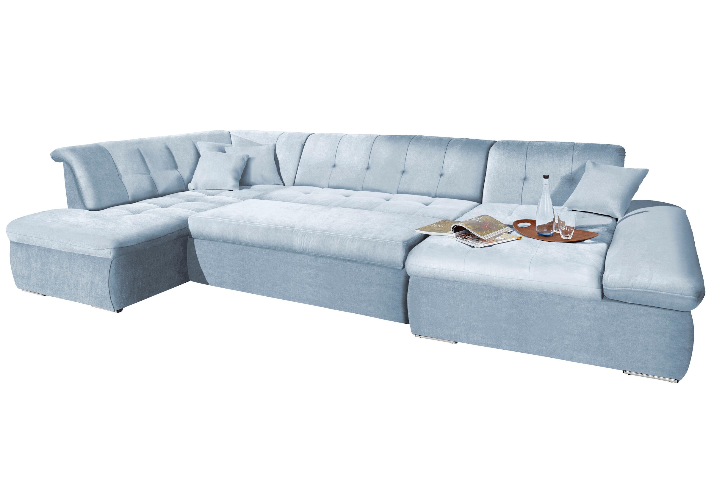 DOMO collection Wohnlandschaft »NMoric im XXL-Format, B/T/H: 353/216/80 cm, incl. Zierkissen U-Form«, wahlweise mit Bettfunktion und Armlehnenverstellung