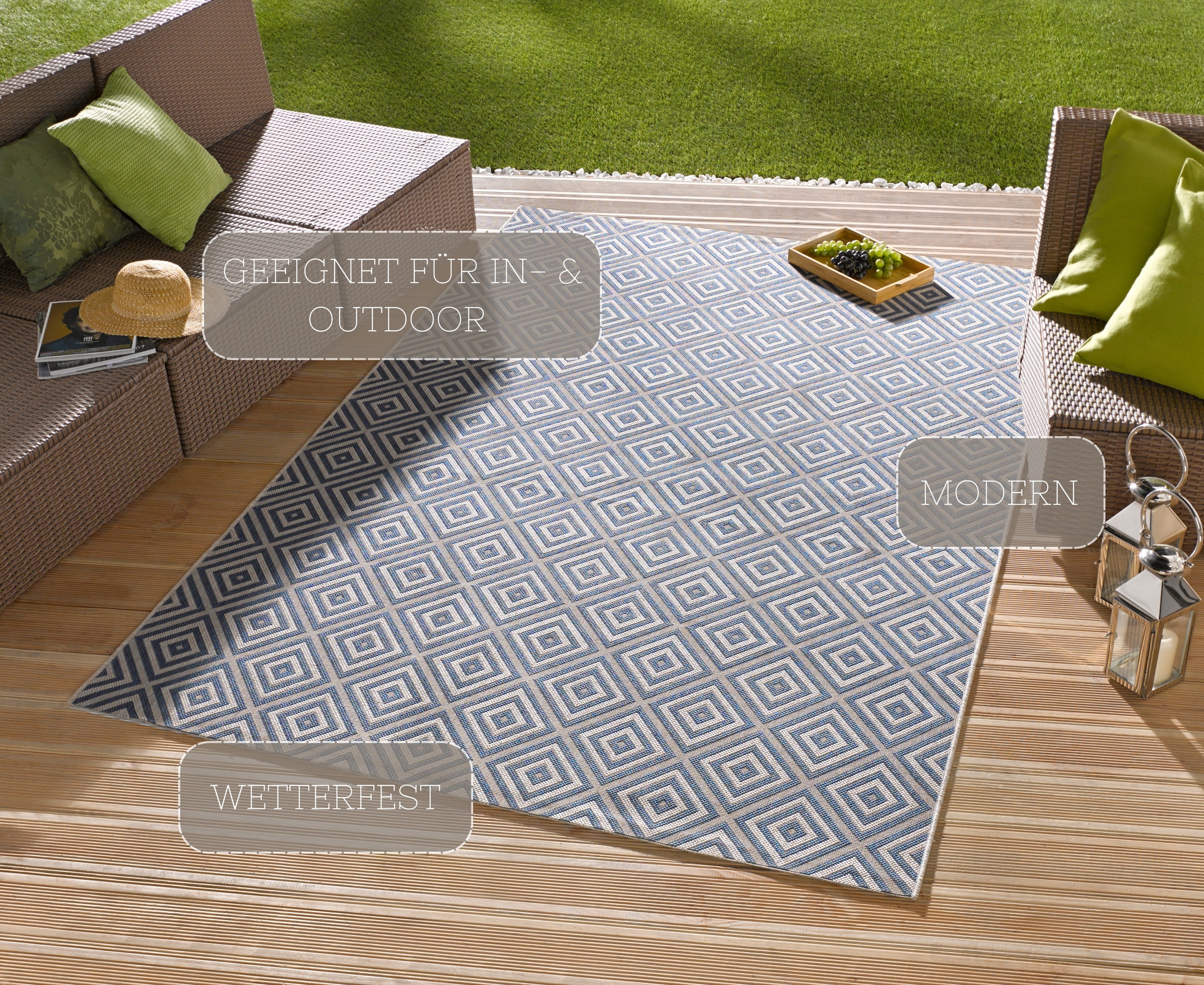 NORTHRUGS Teppich »Karo«, rechteckig, 8 mm Höhe, In- & Outdoor, Läufer, Wetterfest, Raute, Balkon, Garten, Flur