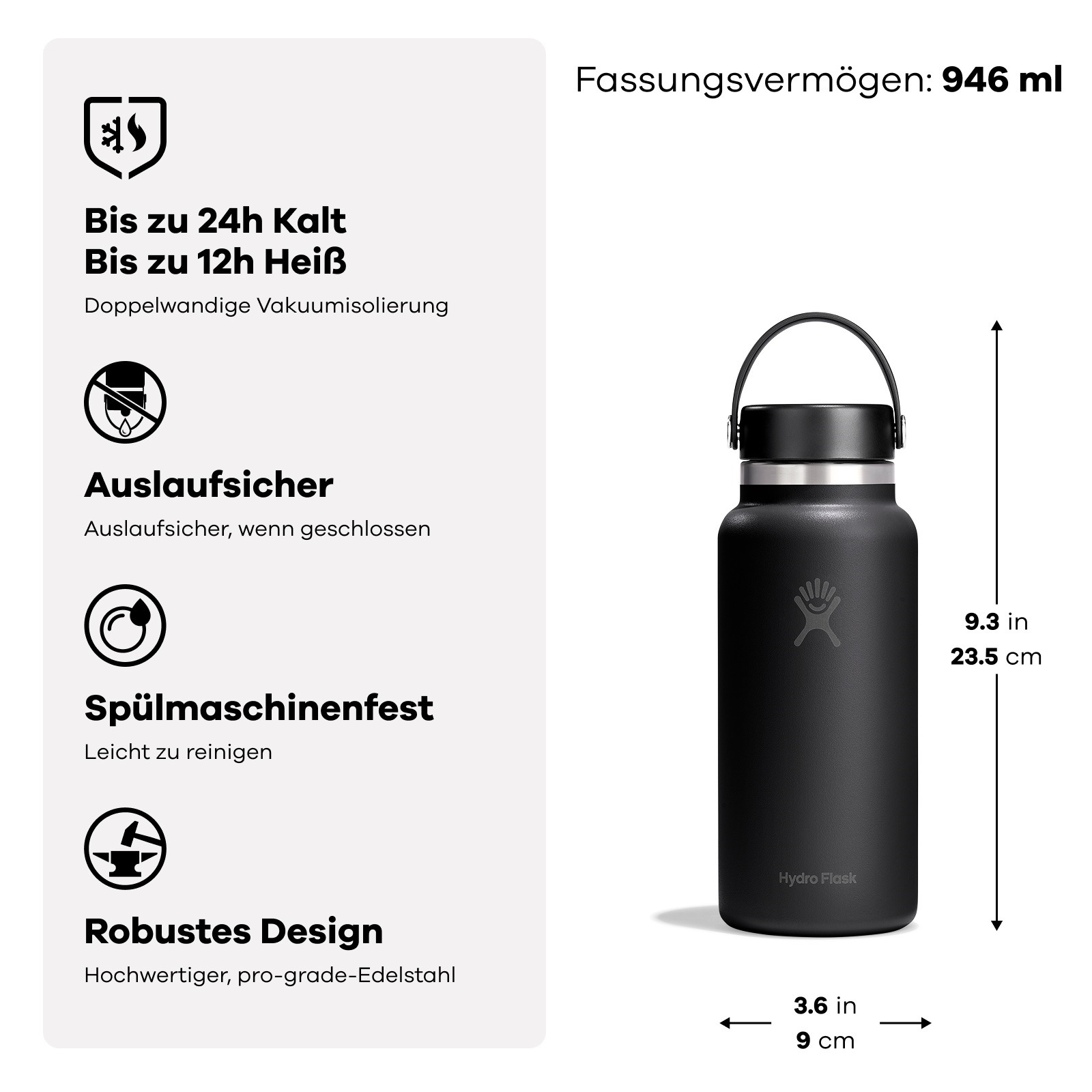 Hydro Flask Trinkflasche »32 OZ Wide Flex Cap, 946 ml« TempShield®️ doppelwandige Vakuumisolierung