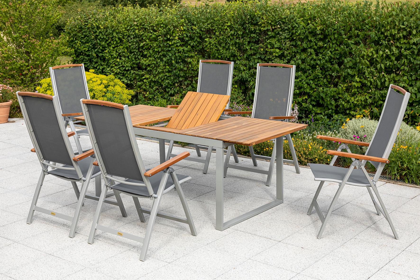 MERXX Garten-Essgruppe »»Siena««, (Set, 7 tlg., 5-fach verstellbare Rückenlehne), Ausziehtisch: LxB: 150-200 x 90 cm