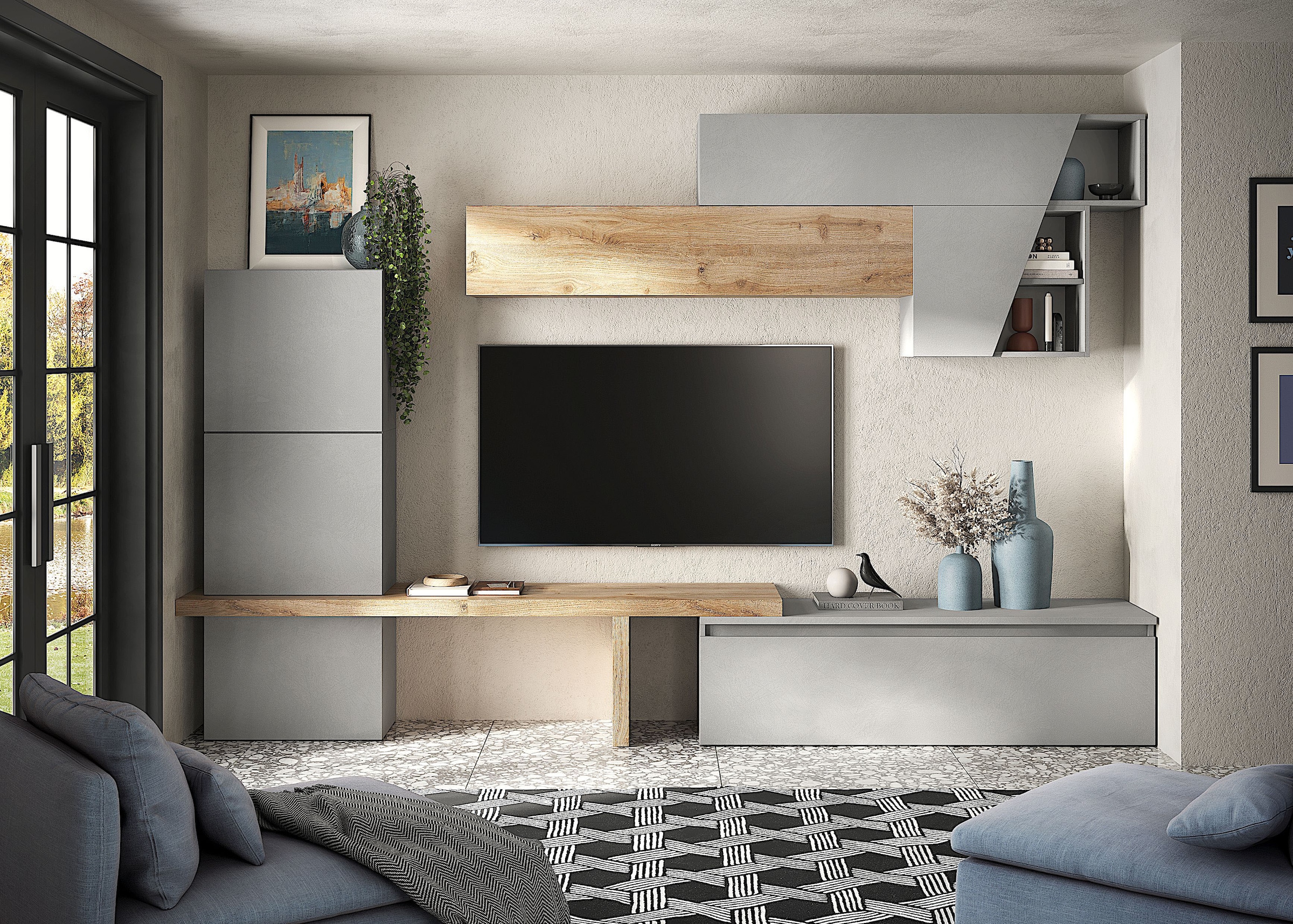 INOSIGN Wohnwand »INFINITY, 8tlg. Breite 305 cm, moderne Mediawand (Lowboard,«, (8 St.), T-Boden, 3x Hängewürfel, Würfel-Element, 2x Hängeschrank)