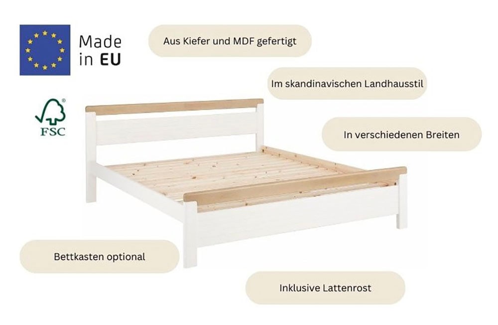 Home affaire Massivholzbett »"CAPRE" im skandinavischem Landhausstil«, in verschiedenen Breiten, zertifiziertes Massivholz, Lamellenoptik