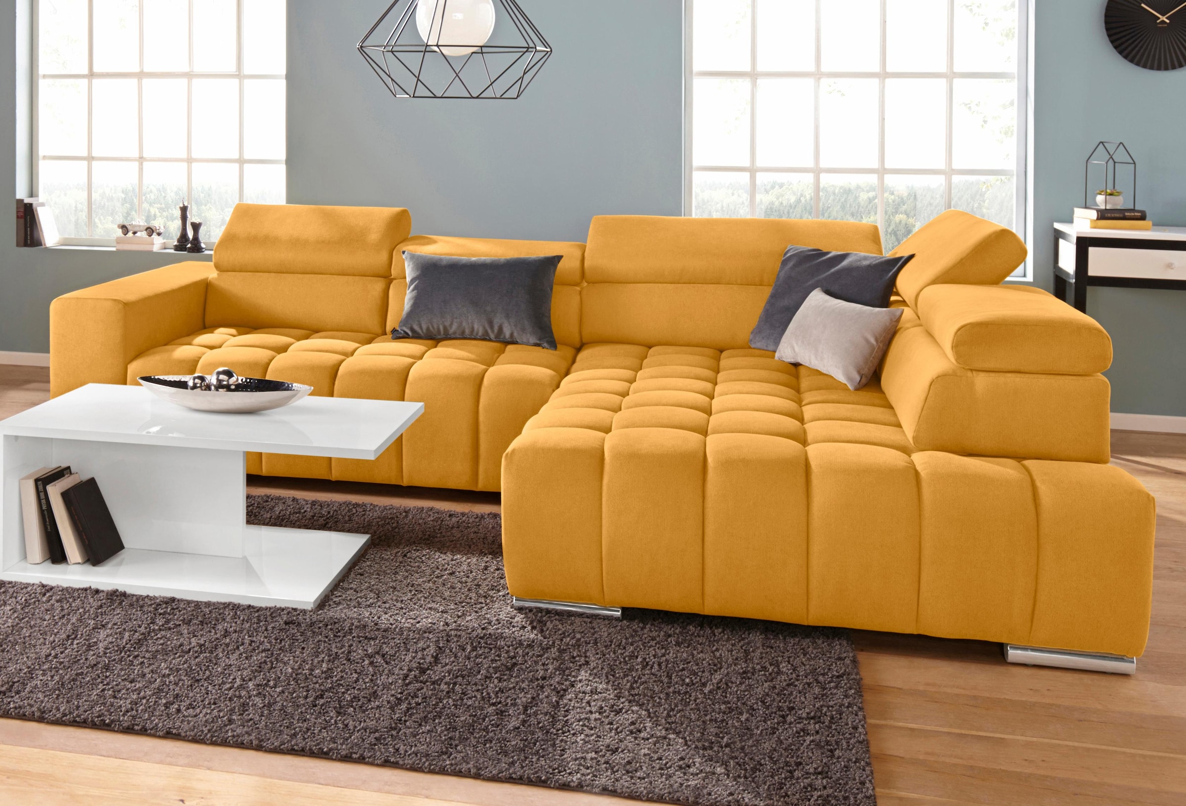 exxpo - sofa fashion Ecksofa »Elias, aktuelle Kreuzsteppung im Sitz, bequem, L-Form«, mit Kopf- bzw. Rückenverstellung, wahlweise mit Bettfunktion