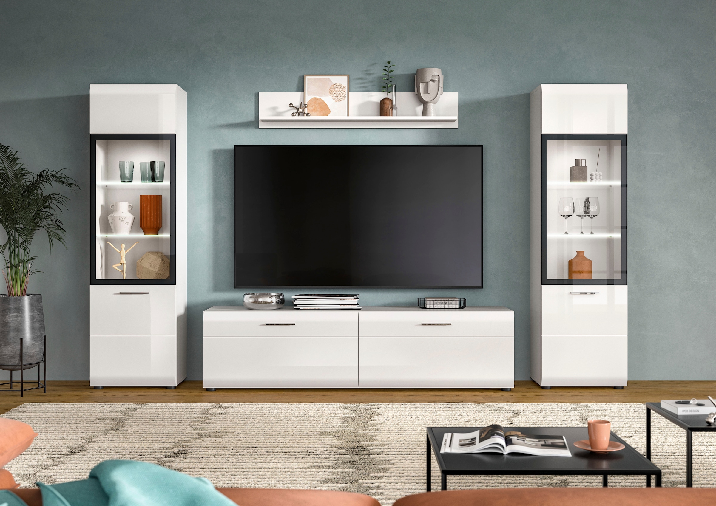 Home affaire Wohnwand »FLORENZ, 4-teilige Wohn-Kombination, hochwertige MDF-Front« Set, Set, best. aus: 2 Vitrinen, 1 Lowboard, 1 Wandboard, 4 Stk. tlg.