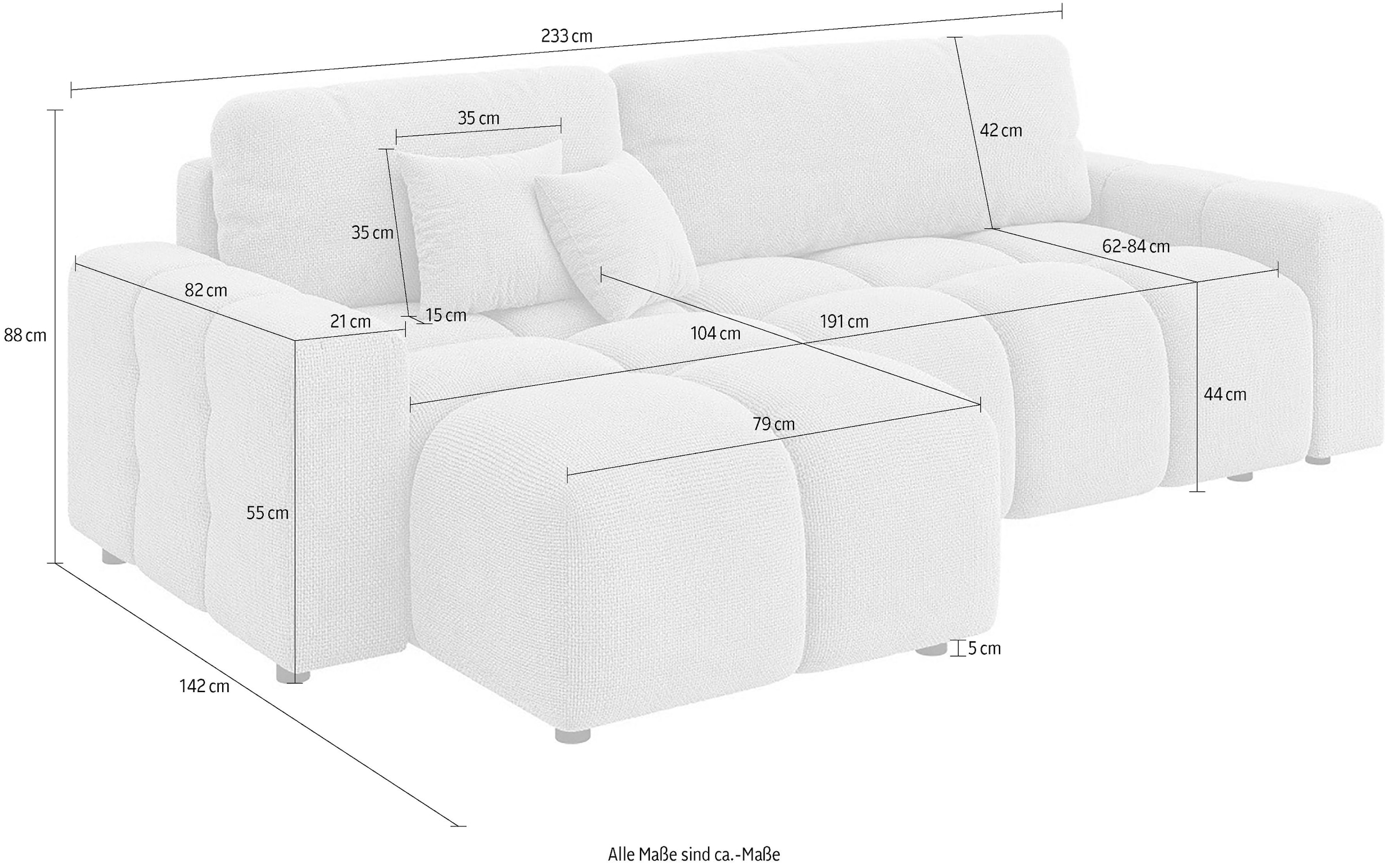 INOSIGN Ecksofa »FELICI, Schlafsofa 233cm, L-Form mit Recamiere beidseitig montierbar«, Designsofa mit Bettfunktion und Bettkasten, Maße B/T/H: 233/142/88 cm