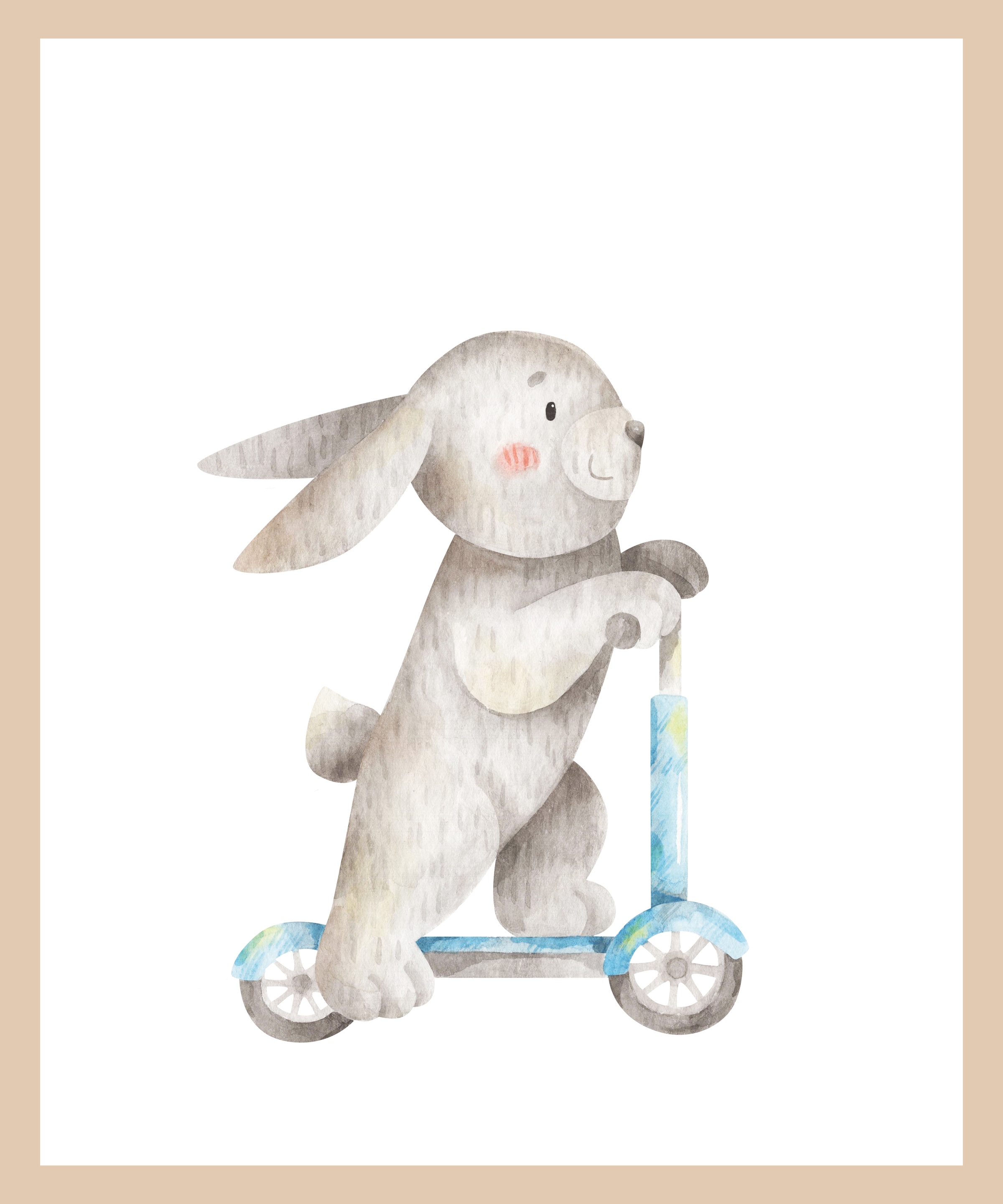 Lüttenhütt Bild mit Rahmen »Hase auf Roller«, Fahrzeuge-Fantasy-Hase-Hasen-Tiere, (1 St.), Premium Rahmenbild, Motive in wunderschönen Pastelltönen