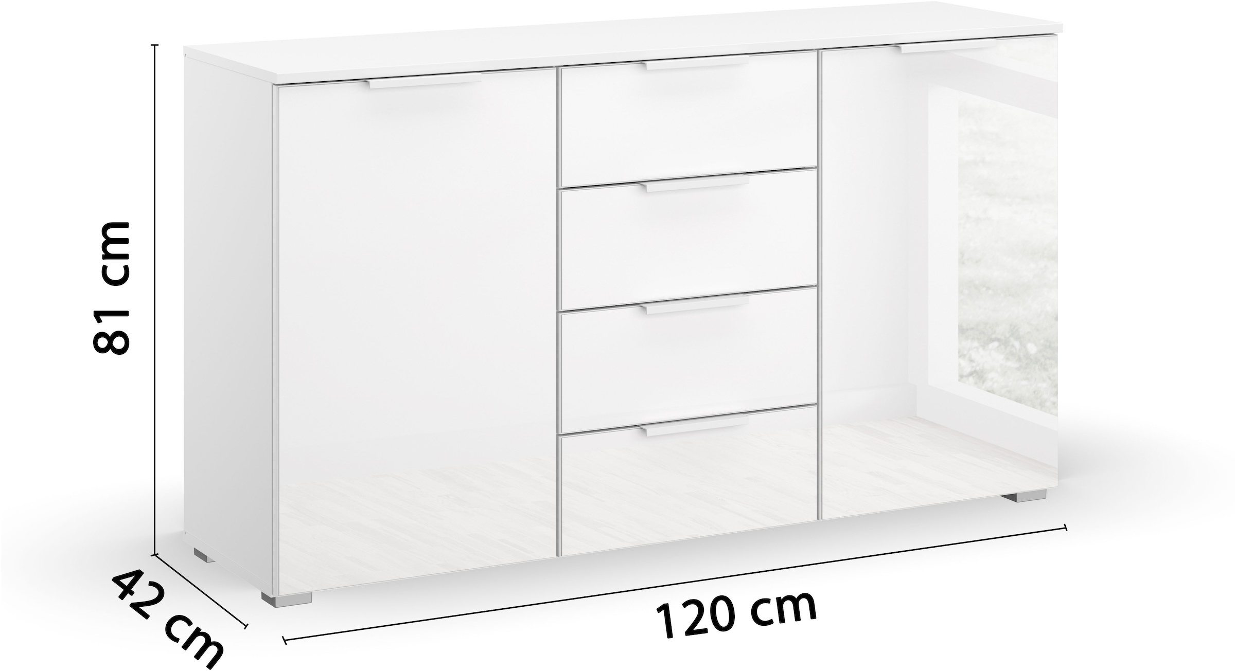 rauch Schubkastenkommode »Sideboard Kommode Kombikommode KOLUNA mit Glasfront«, (Breite 120 cm inkl. Soft-Close-Funktion), vier große Schubladen, mit insgesamt 4 Einlegeböden MADE IN GERMANY
