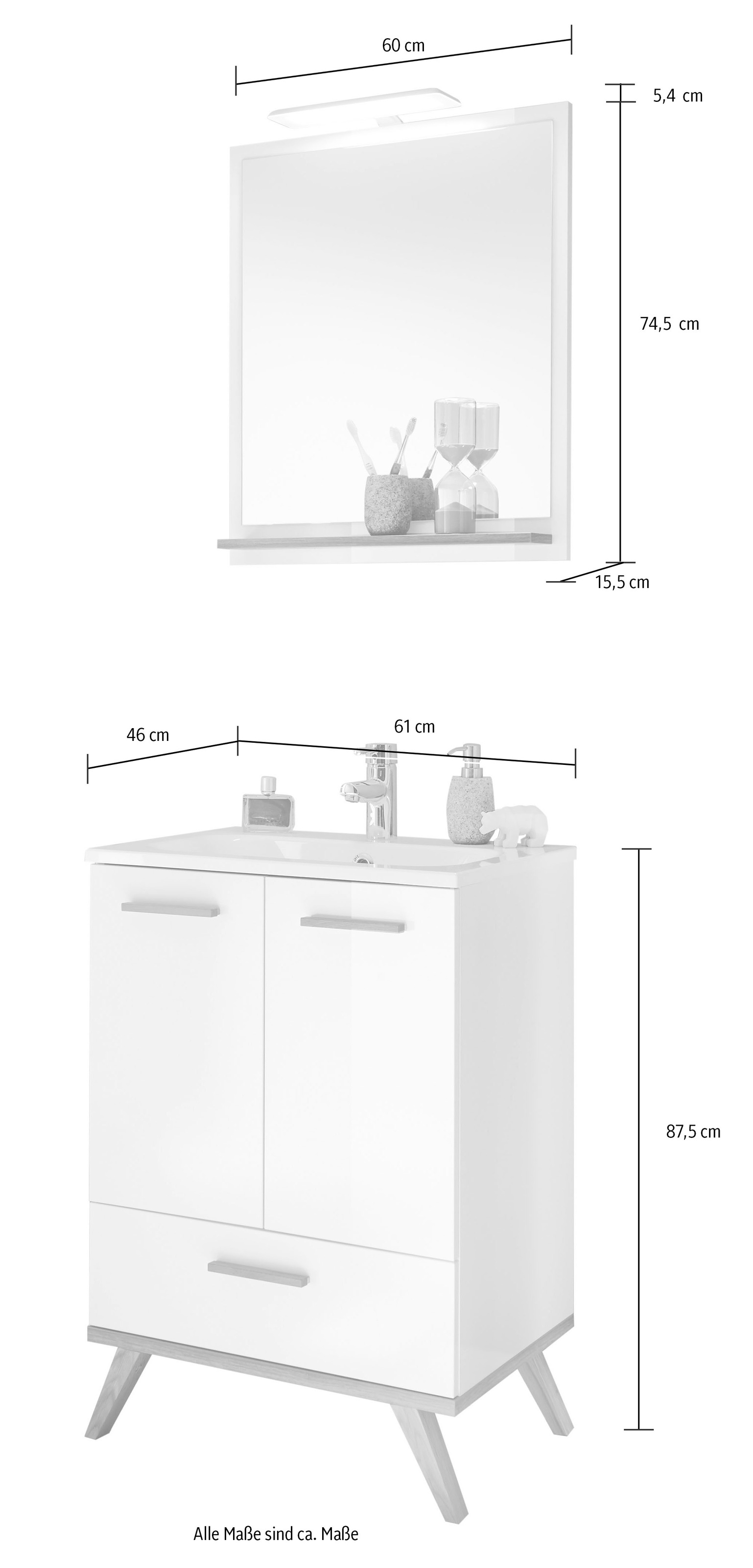 Saphir Badmöbel-Set »Quickset 2-teilig, Mineralmarmor-Waschtisch und LED-Spiegel«, (4 St.), Waschplatz 61 cm breit, 2 Türen, 1 Schublade, Spiegel-Ablage, Bad-Set